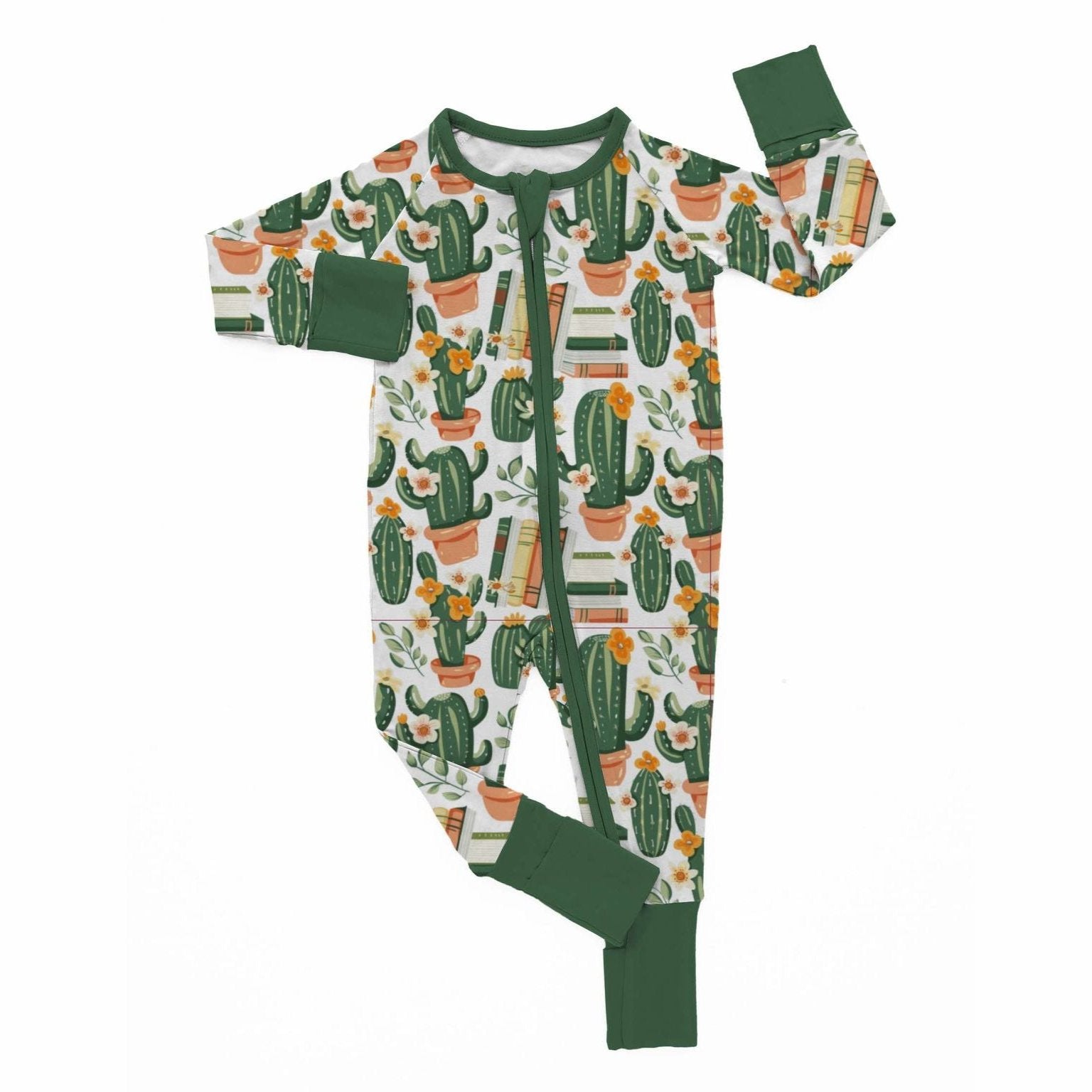 Children's bamboo pajamas with long sleeves, featuring a pattern of cacti, blooming flowers, and books.