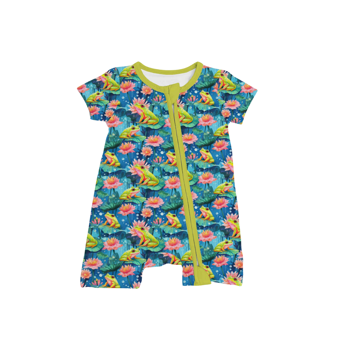 Kids bamboo zippy with green trim featuring a frog and lily pad print called Frog-et Me Not, displayed flat on a white background.