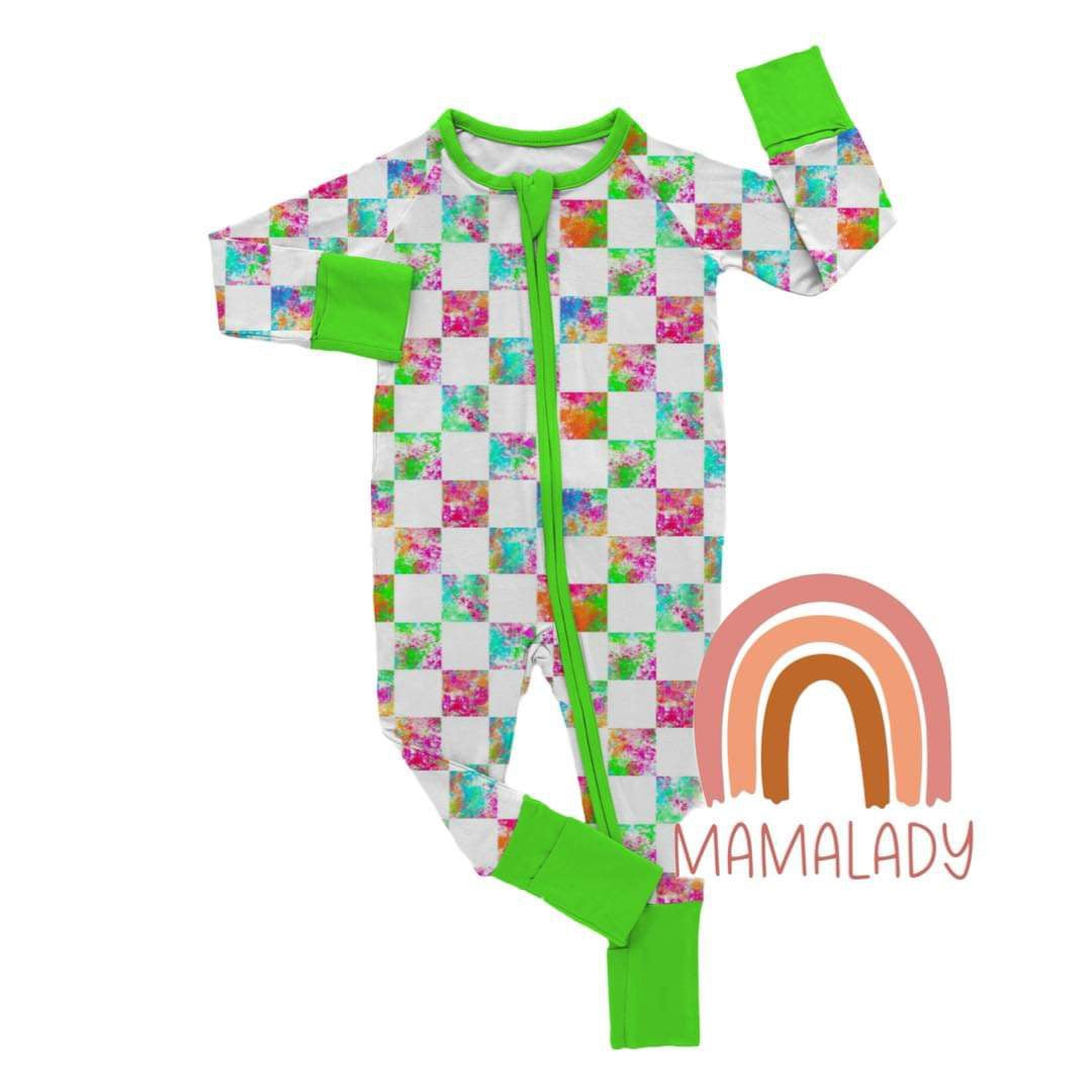 our neon checkers print bamboo zippy laying on a white background with our mamalady logo in the corner