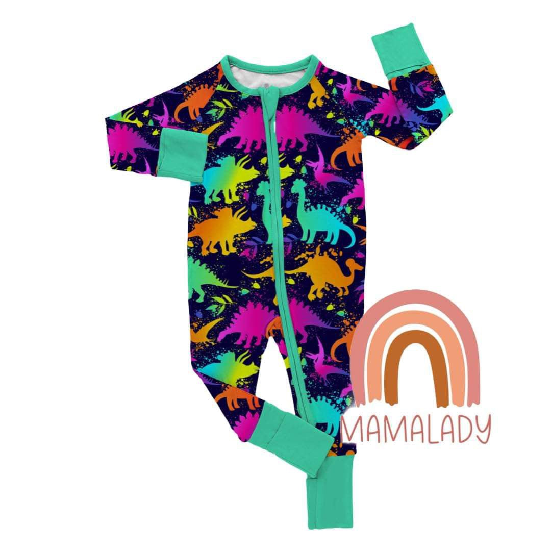 our neon dinosaurs print bamboo zippy laying on a white background with our mamalady logo in the corner