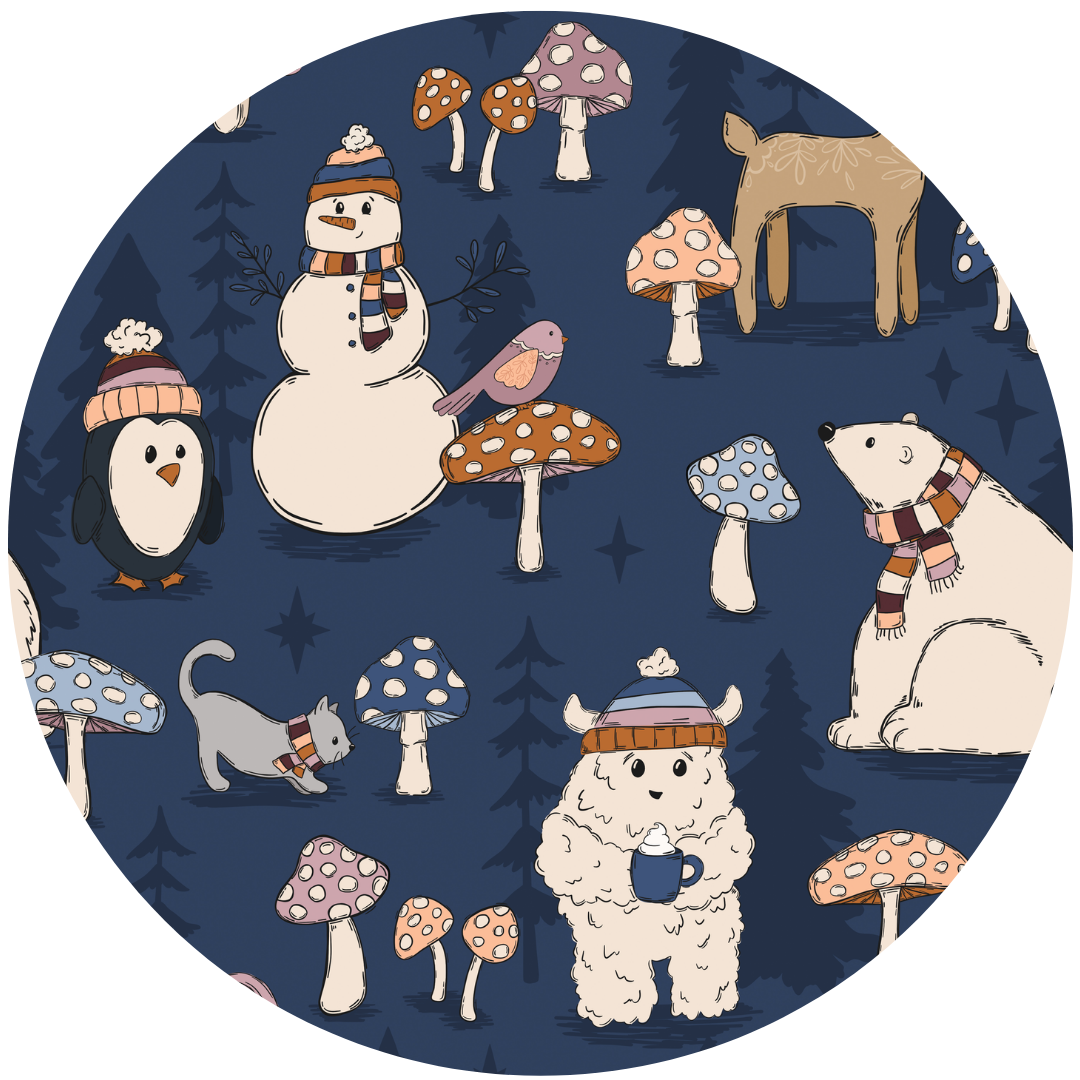 A navy blue pajama set with a winter woodland theme, featuring snowmen, mushrooms, and forest animals.