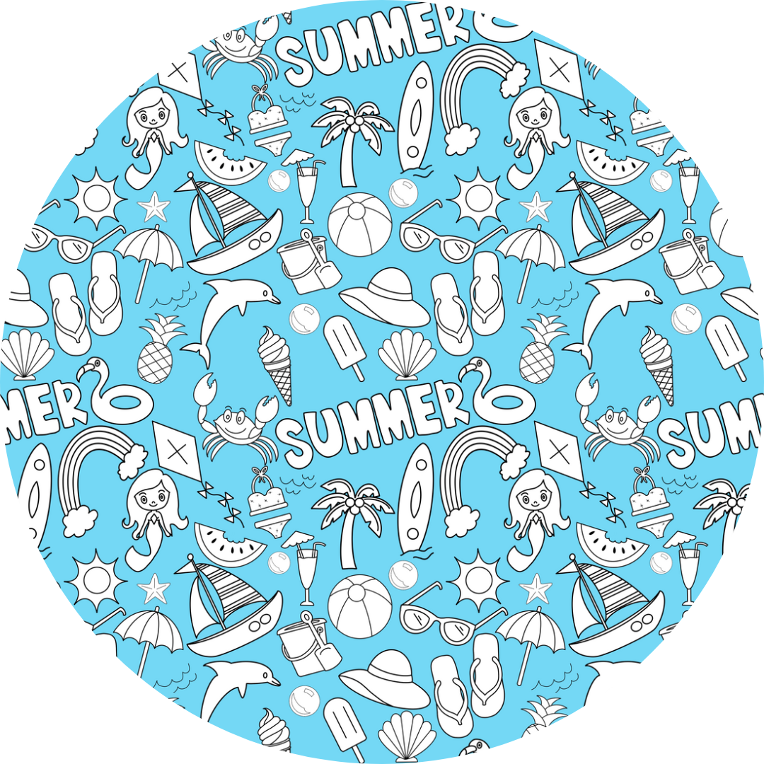 A circular blanket with a summer-themed pattern including images of a sun, ice cream, sunglasses, and beach elements, in a color that needs to be specified.