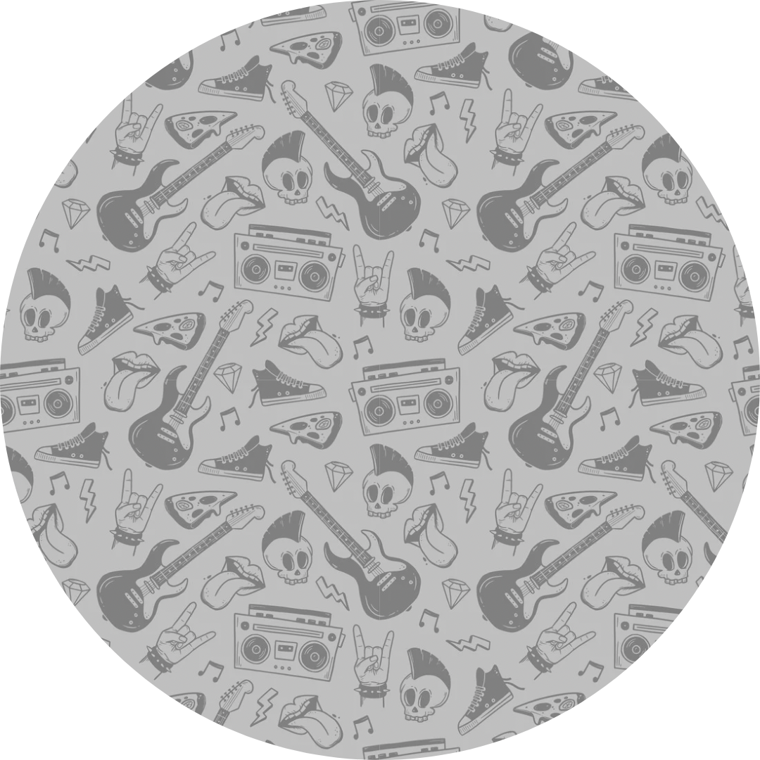 A round gray t-shirt with a pattern of musical instruments and rock and roll symbols.