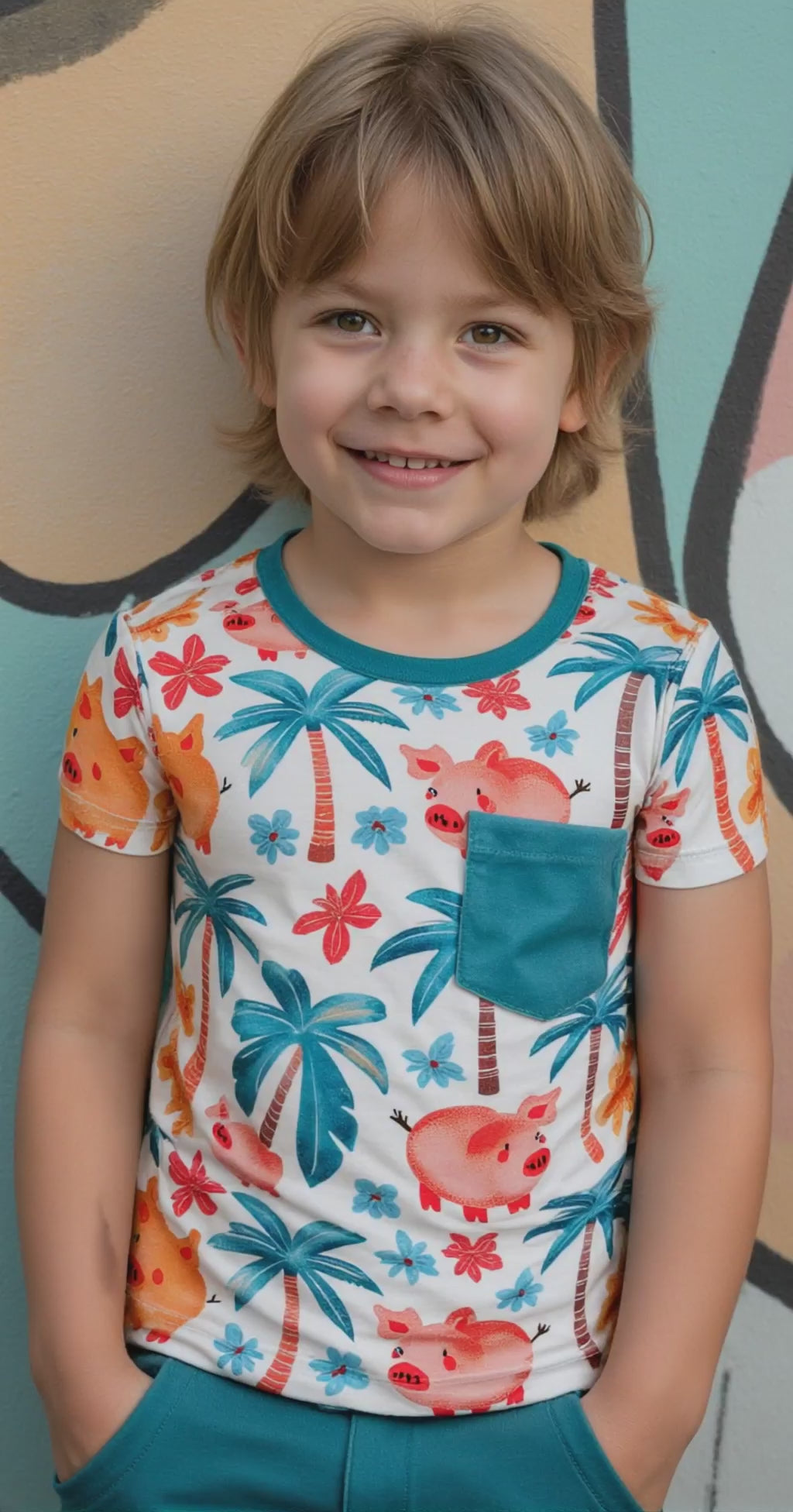 a video of a boy wearing Pigs In Paradise bamboo shirt leaning up against a colorful wall