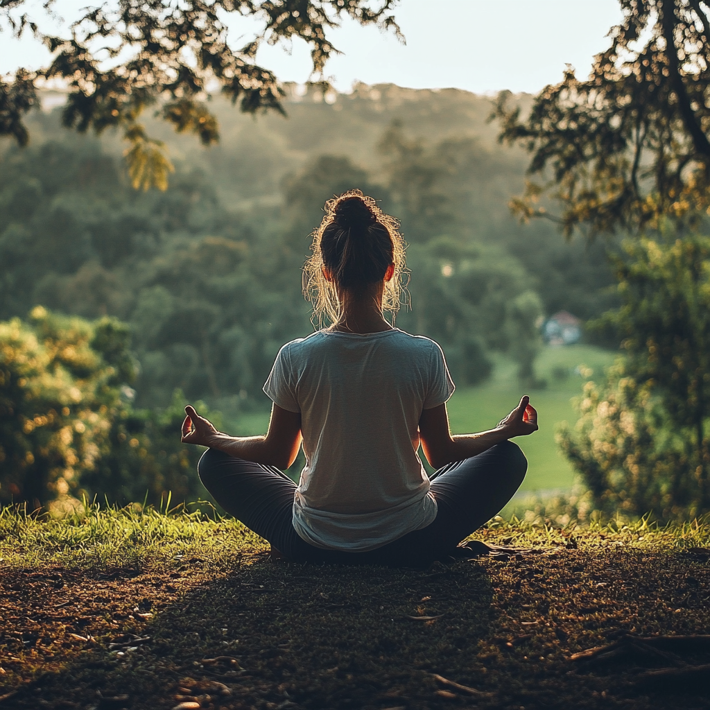 A woman sitting cross legged meditating for mindfullness overlooking trees