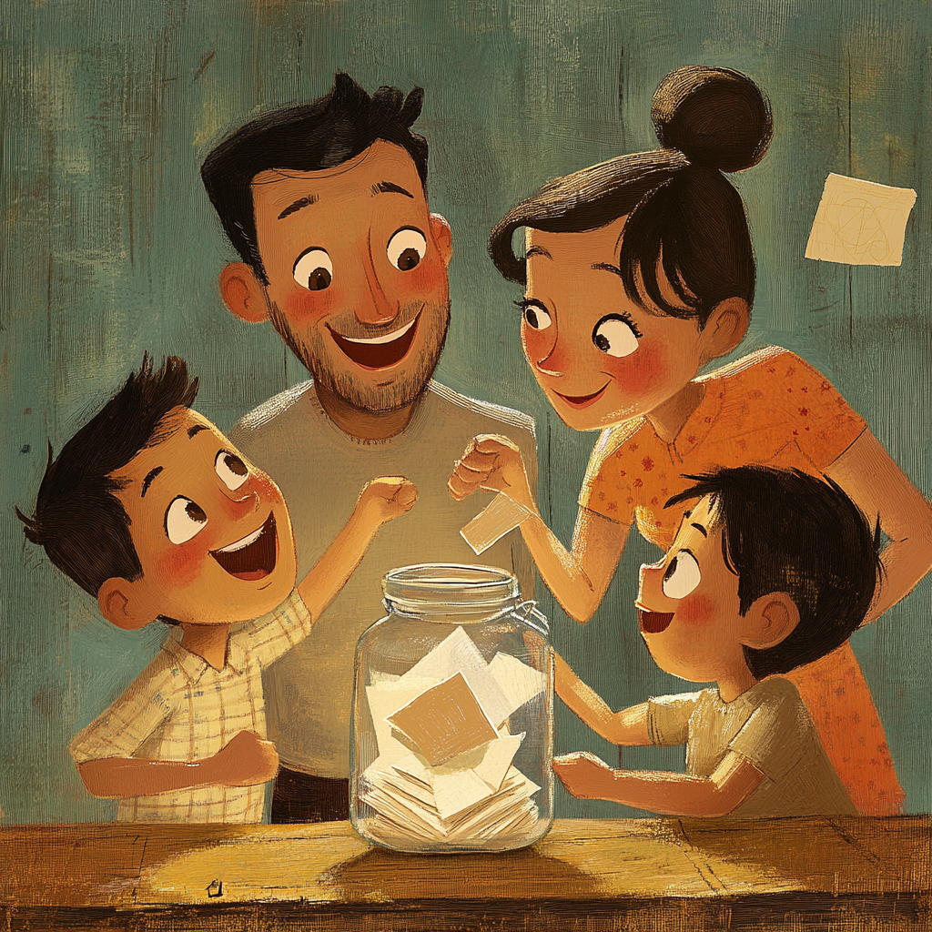 a cartoon family pulling pieces of paper out of a jar