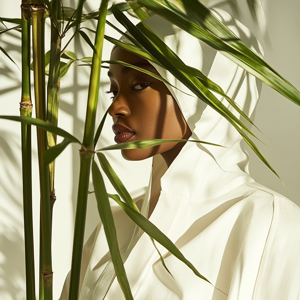 a woman standing behind a bamboo tree with the sunlight shining in the room