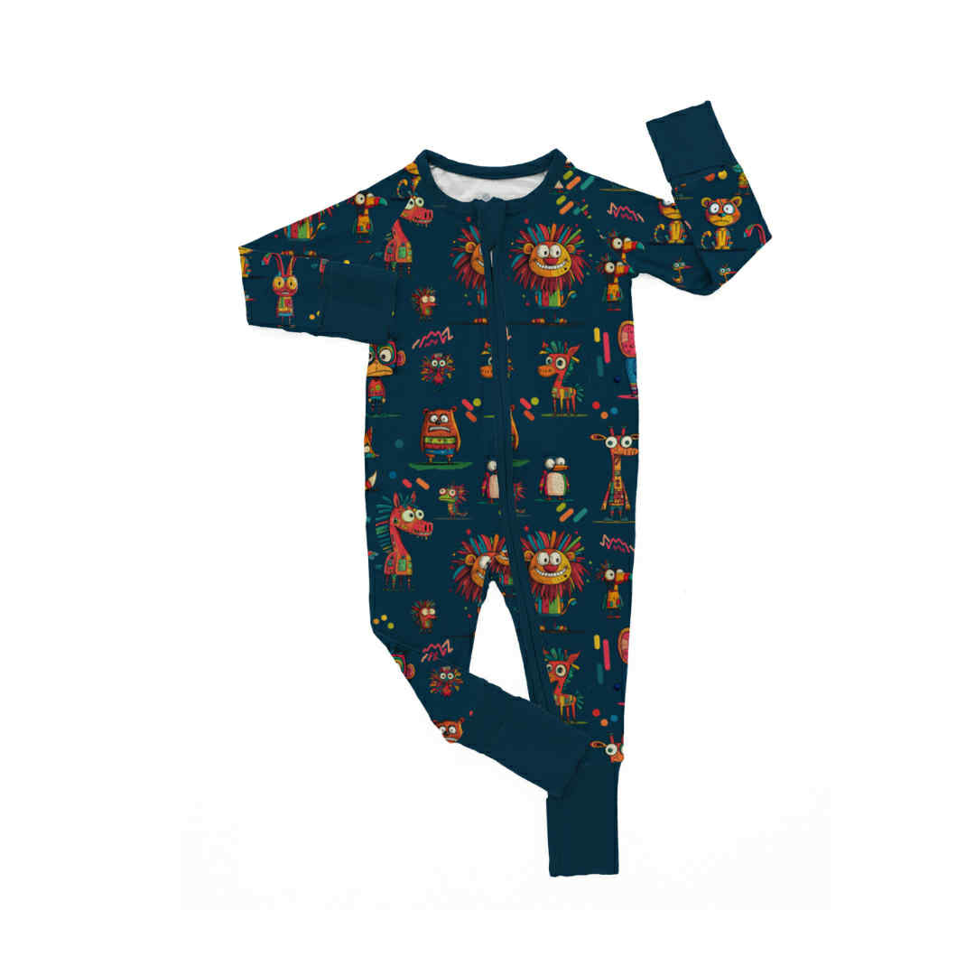 Goofy Zoo Crew Bamboo Zipper Pajamas – Colorful Animal Baby Sleeper