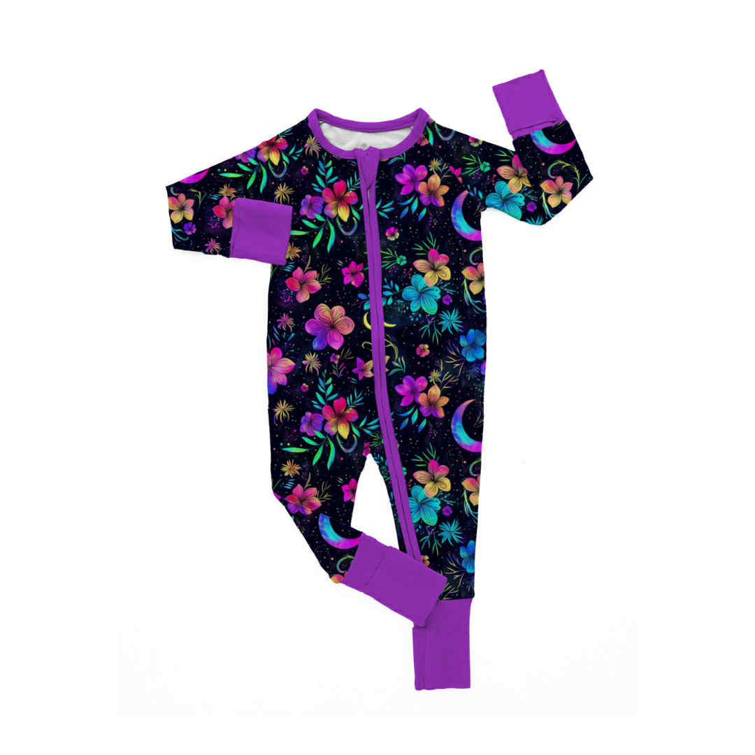 Petal Pop Bamboo Zipper Pajamas – Neon Floral Baby Sleeper