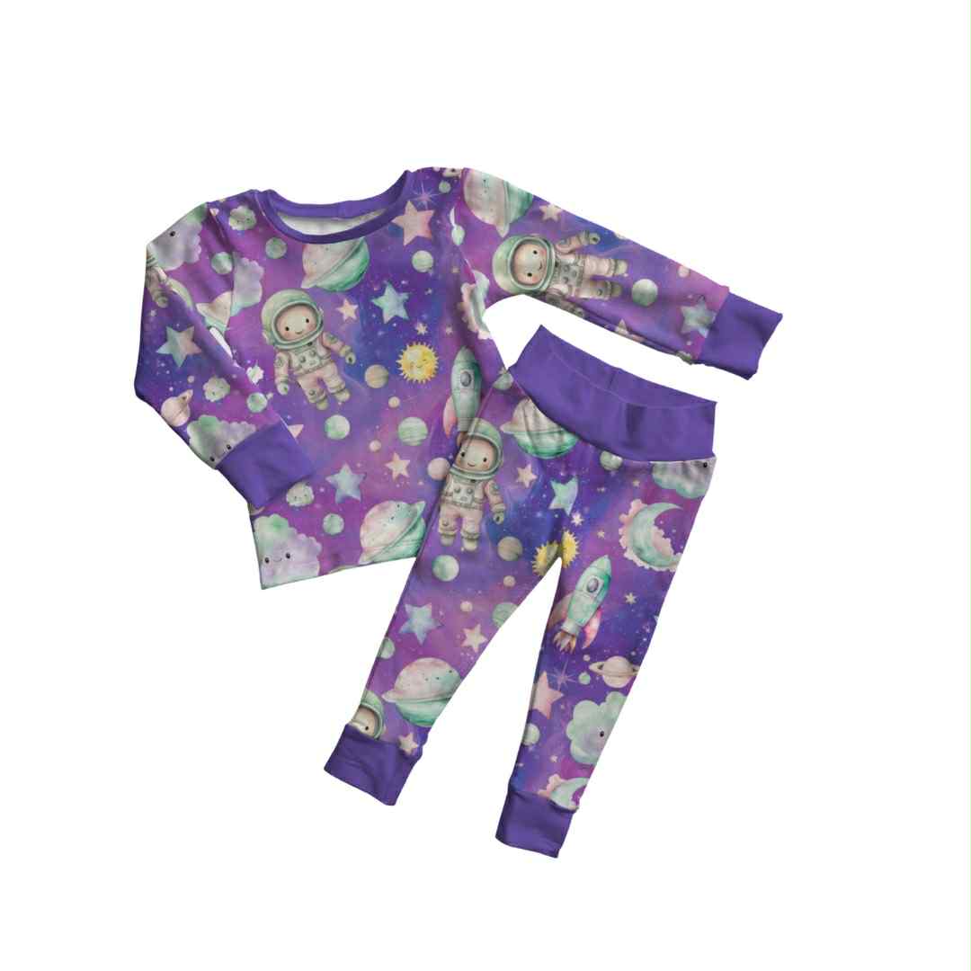 Rocket to Sleep Bamboo Two Piece Pajamas – Pastel Astronaut & Planet Print