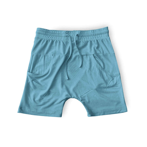 Arctic blue bamboo kids shorts with drawstring on a white background — lightweight and eco-friendly shorts for toddlers with sensitive skin.