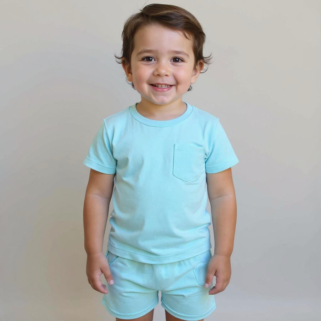Smiling boy wearing Arctic Blue Bamboo Shirt and Shorts standing in front of a grey wall