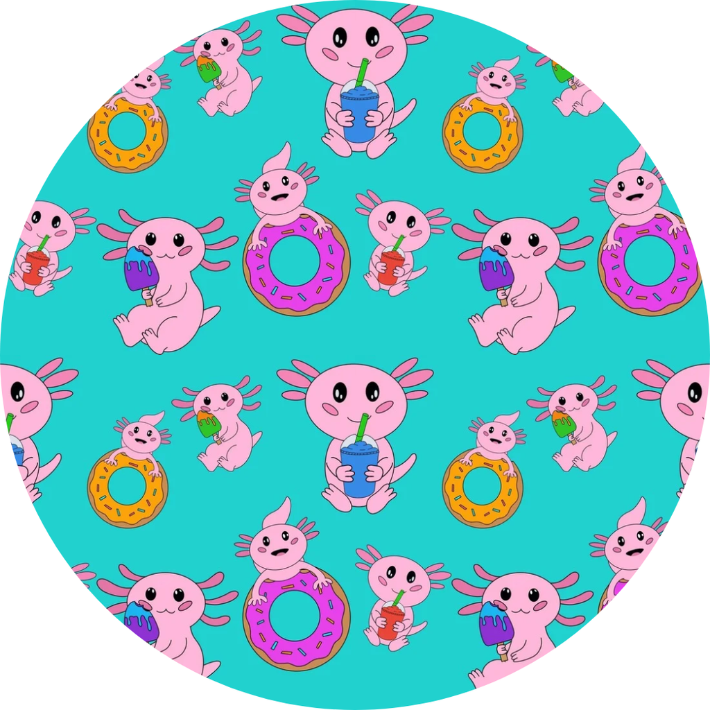 Close-up of the Axolotlicious print featuring colorful axolotls, donuts, and frozen treats in a circular frame.