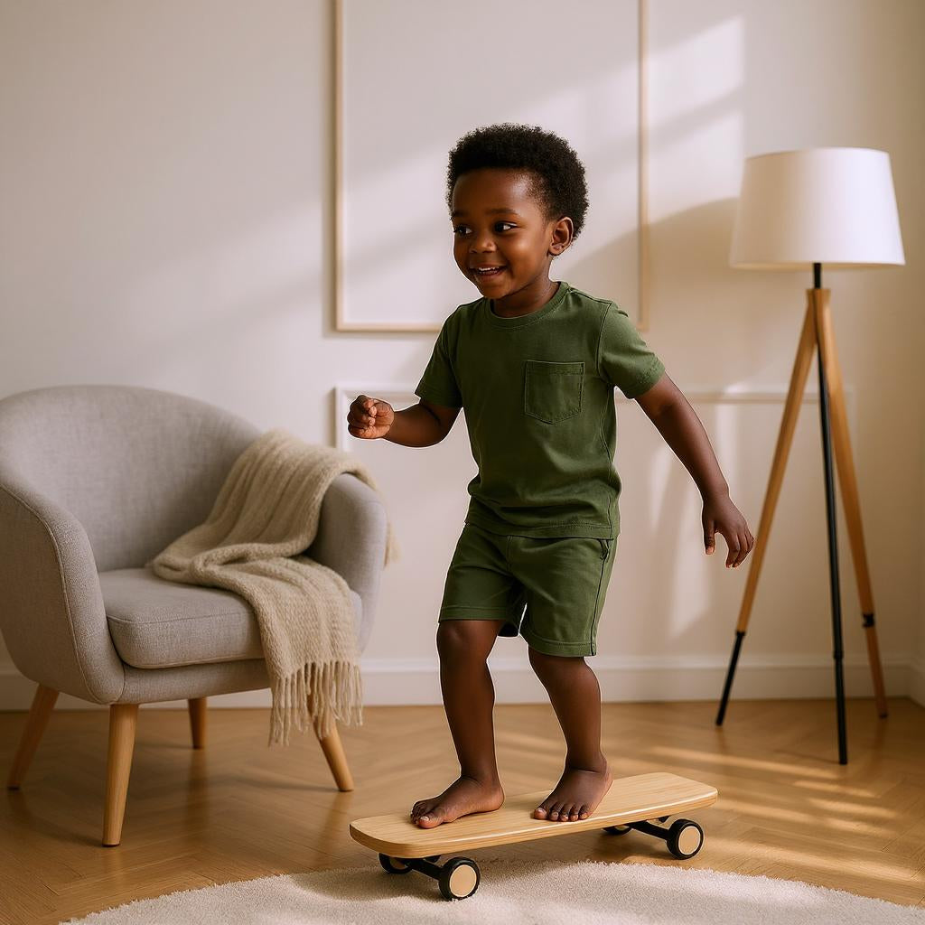 Young child in breathable Basil Green bamboo shirt, mid-motion on a wobble board, showcasing flexible fit and comfort.