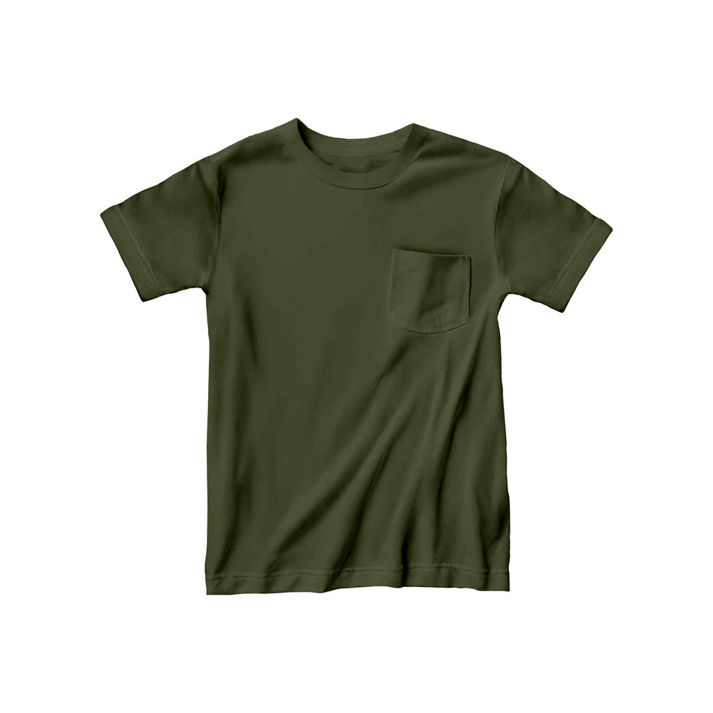 Basil green bamboo kids t-shirt laid flat on a white background, showing its soft bamboo fabric and earthy, gender-neutral color.