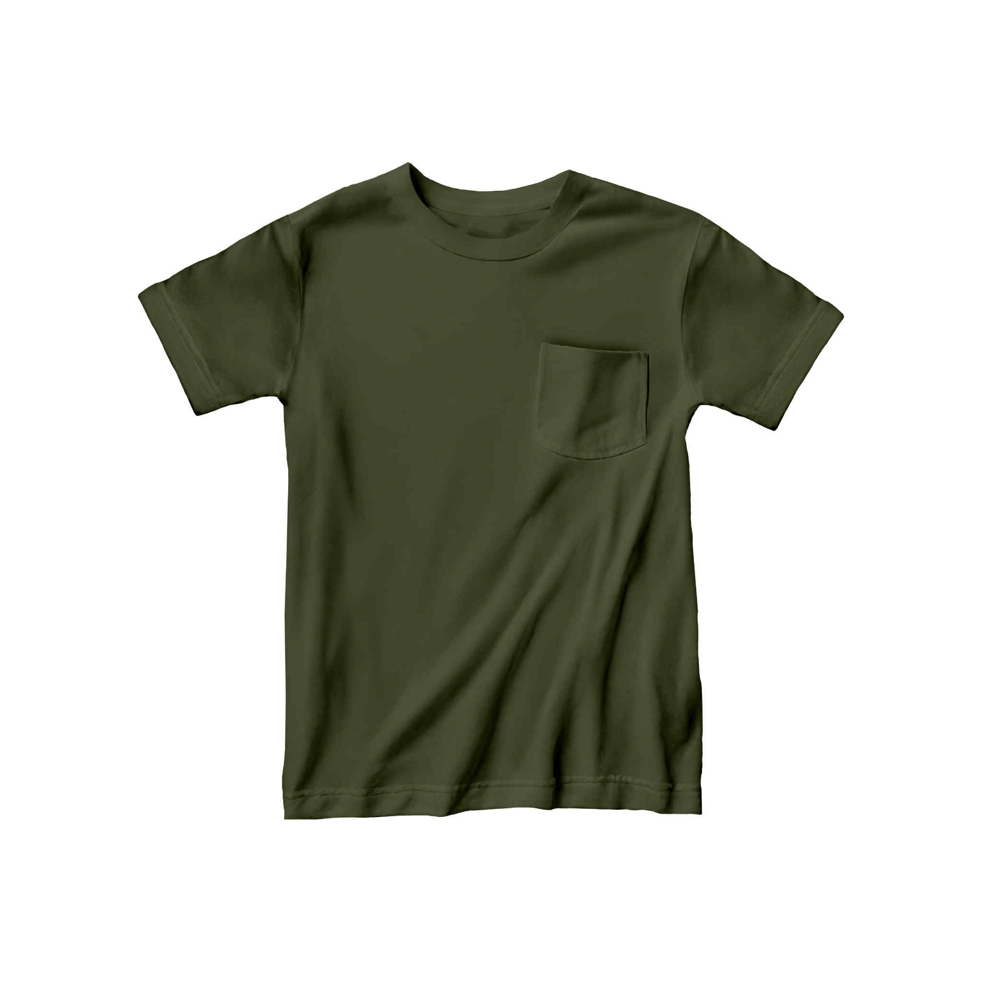 Basil green bamboo kids t-shirt laid flat on a white background, showing its soft bamboo fabric and earthy, gender-neutral color.