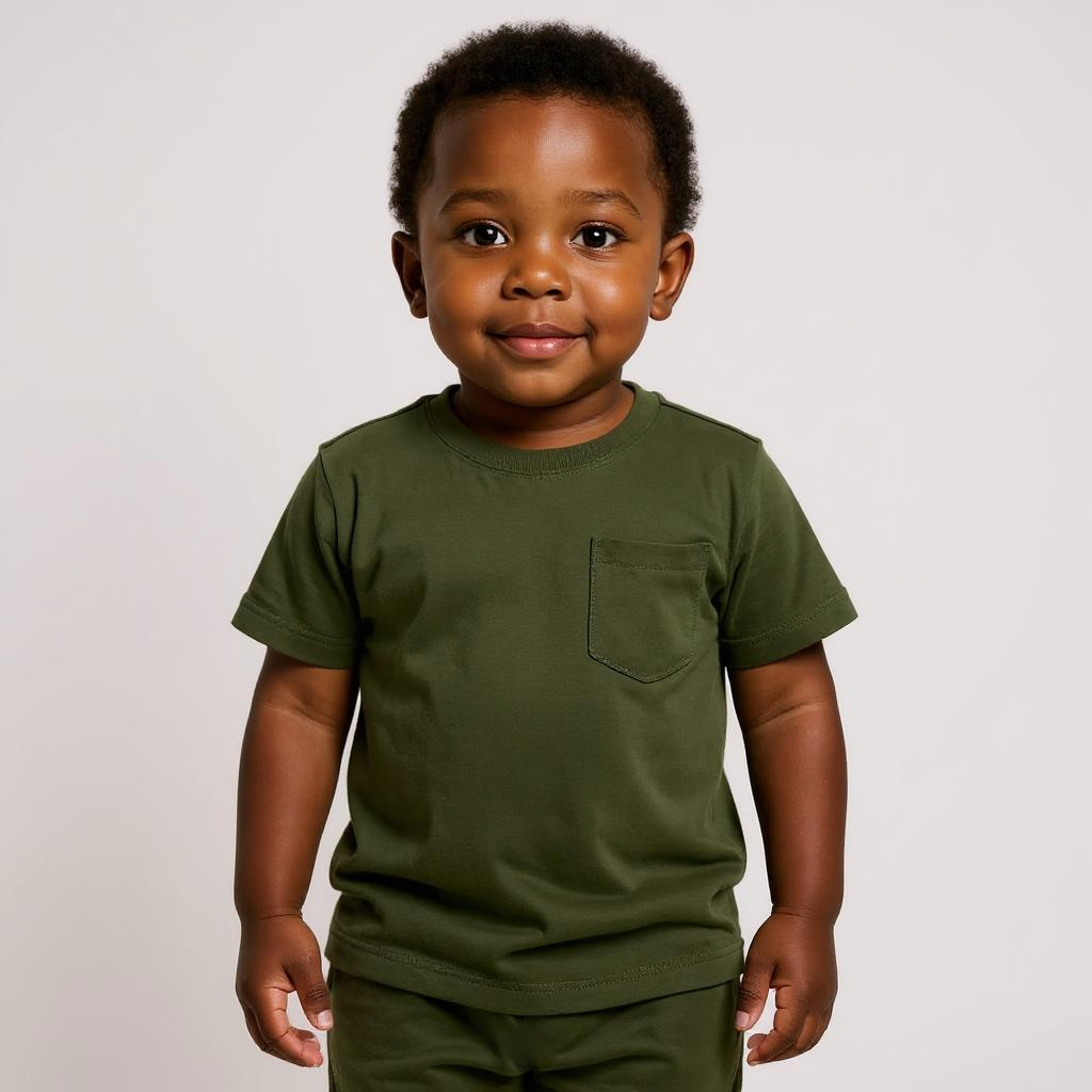 Smiling boy wearing Basil Green Bamboo Shirt