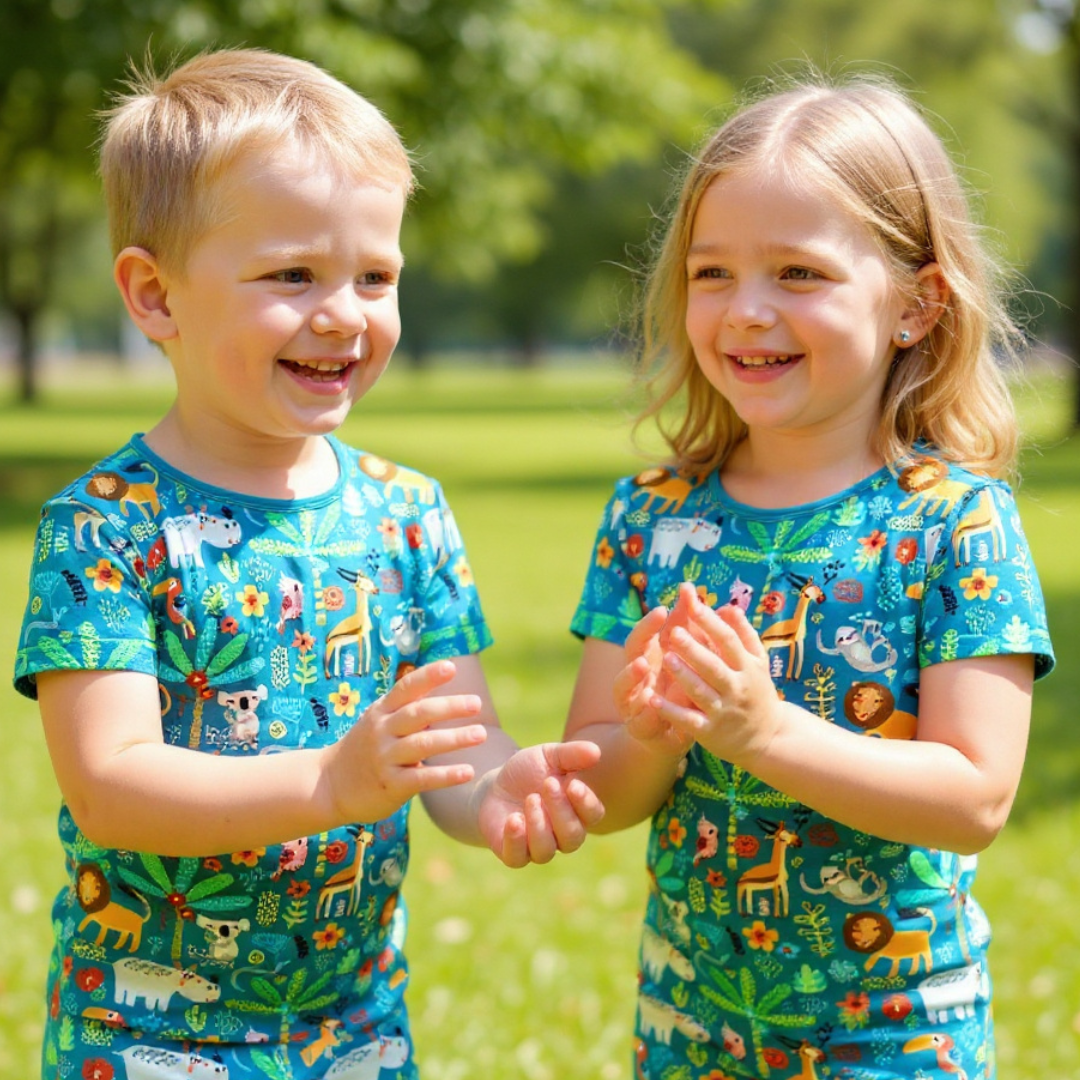 A brother and sister wearing matching wild animal bamboo two piece pajamas. 