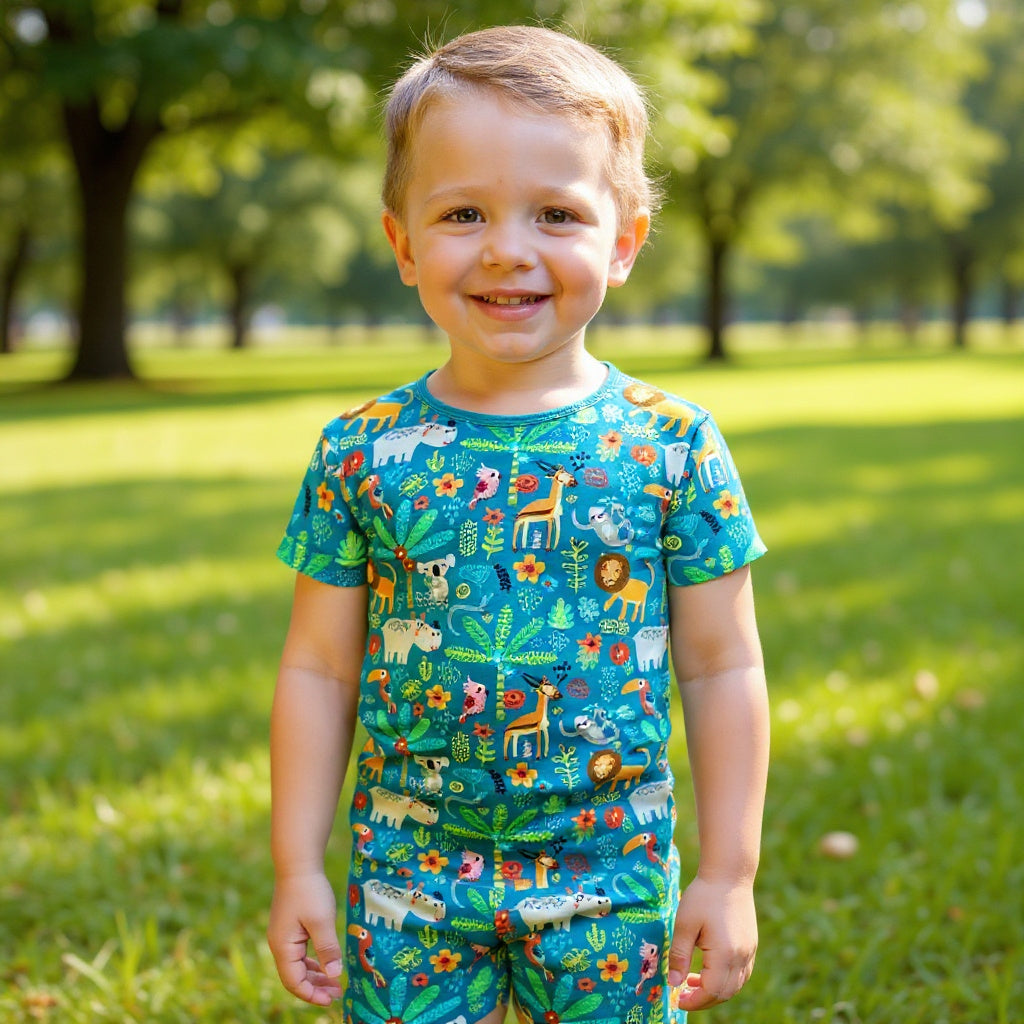 Child wearing a colorful animal-themed outfit standing in a park.
