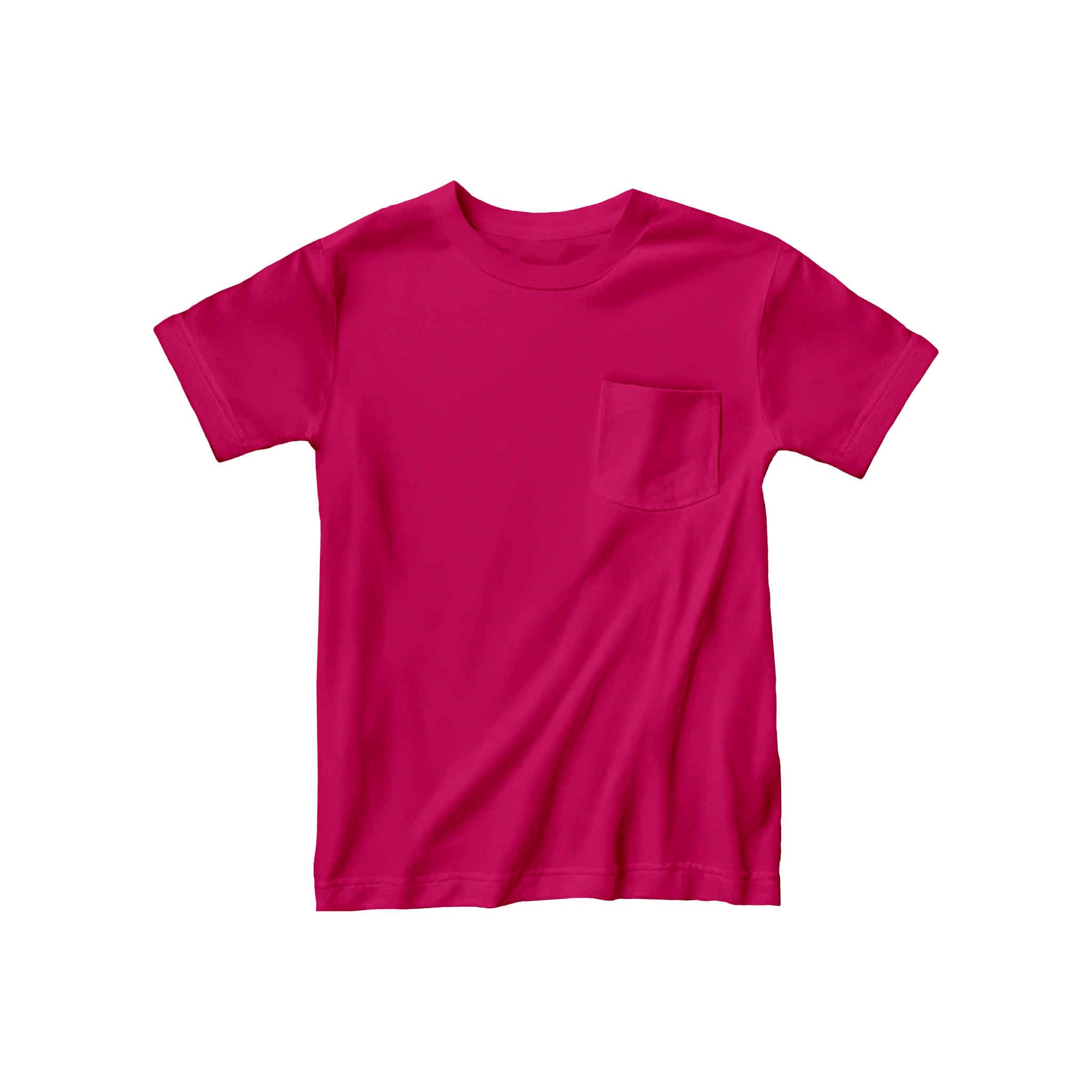 Fuchsia-colored bamboo kids t-shirt displayed flat on a white background, showcasing its soft fabric and vibrant color.
