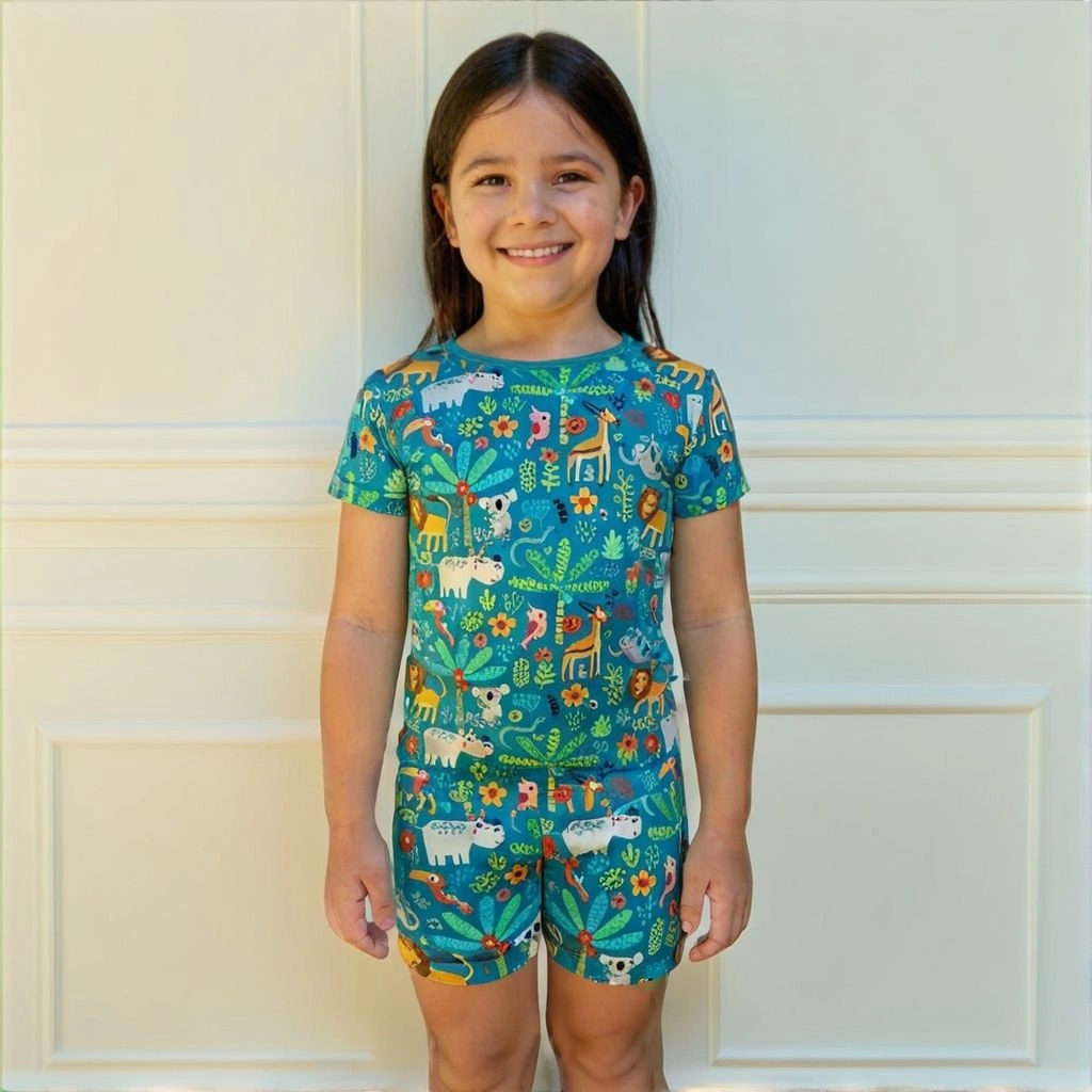 A girl wearing safari animal themed bamboo sleepwear. 