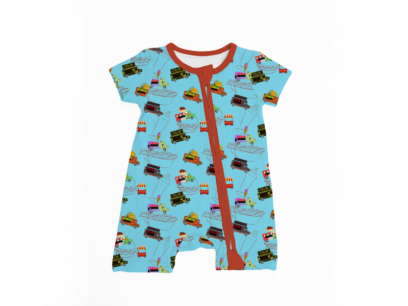Foodie Fun bamboo zipper sleeper with food trucks burgers desserts and snacks two way zipper fold over feet and cuffs