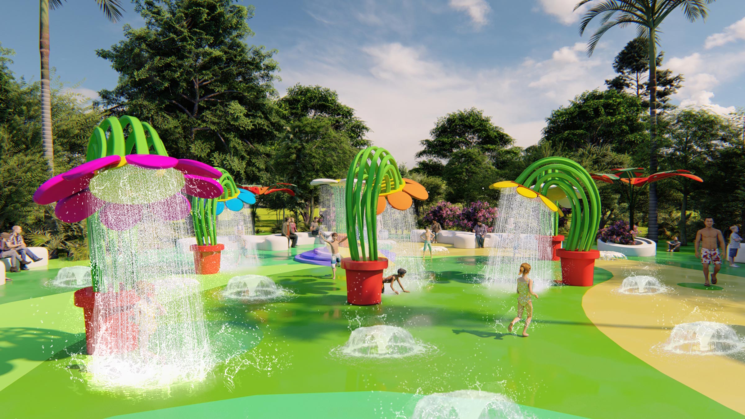 Children's water park with colorful cactus-shaped fountains in a park setting.