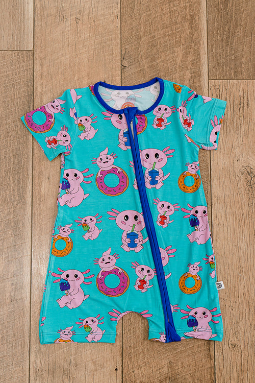 Axolotlicious bamboo short sleeve zippy laid flat, showcasing colorful axolotl design with short sleeves and two-way zipper