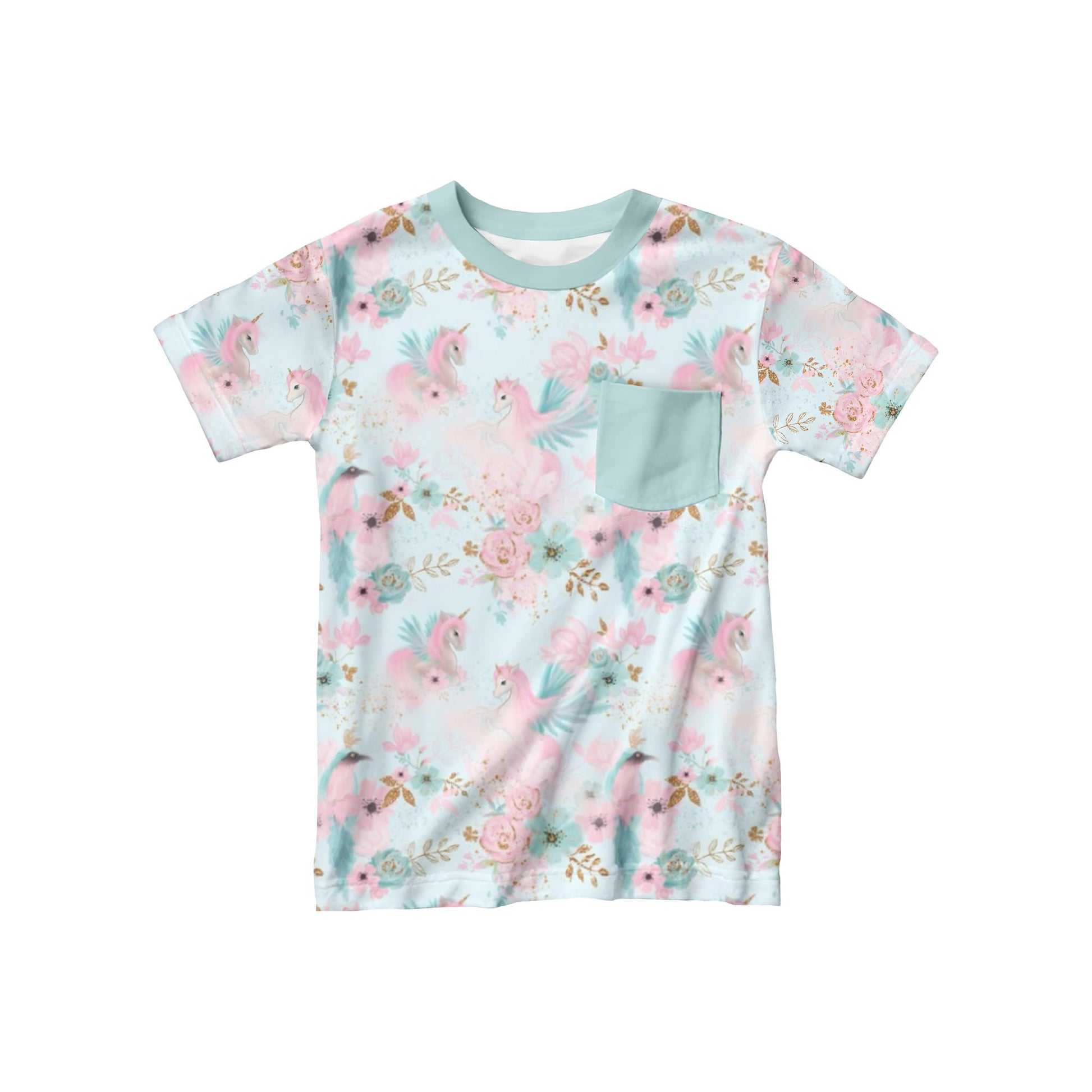 Children’s bamboo t-shirt featuring pastel unicorns, flowers, and birds on a soft background, with a coordinating pastel front pocket, laid flat.