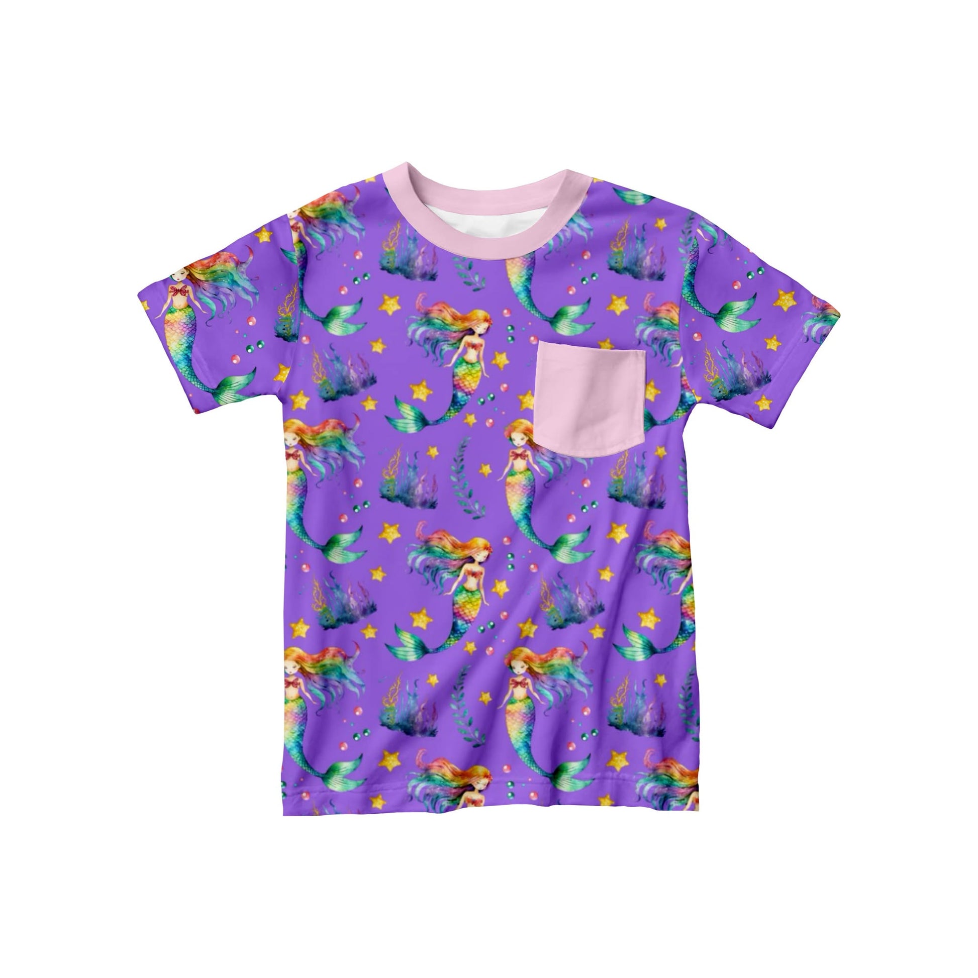 Kids bamboo t-shirt in purple with vibrant rainbow mermaids and a pink coordinating front pocket, displayed flat against a white background.