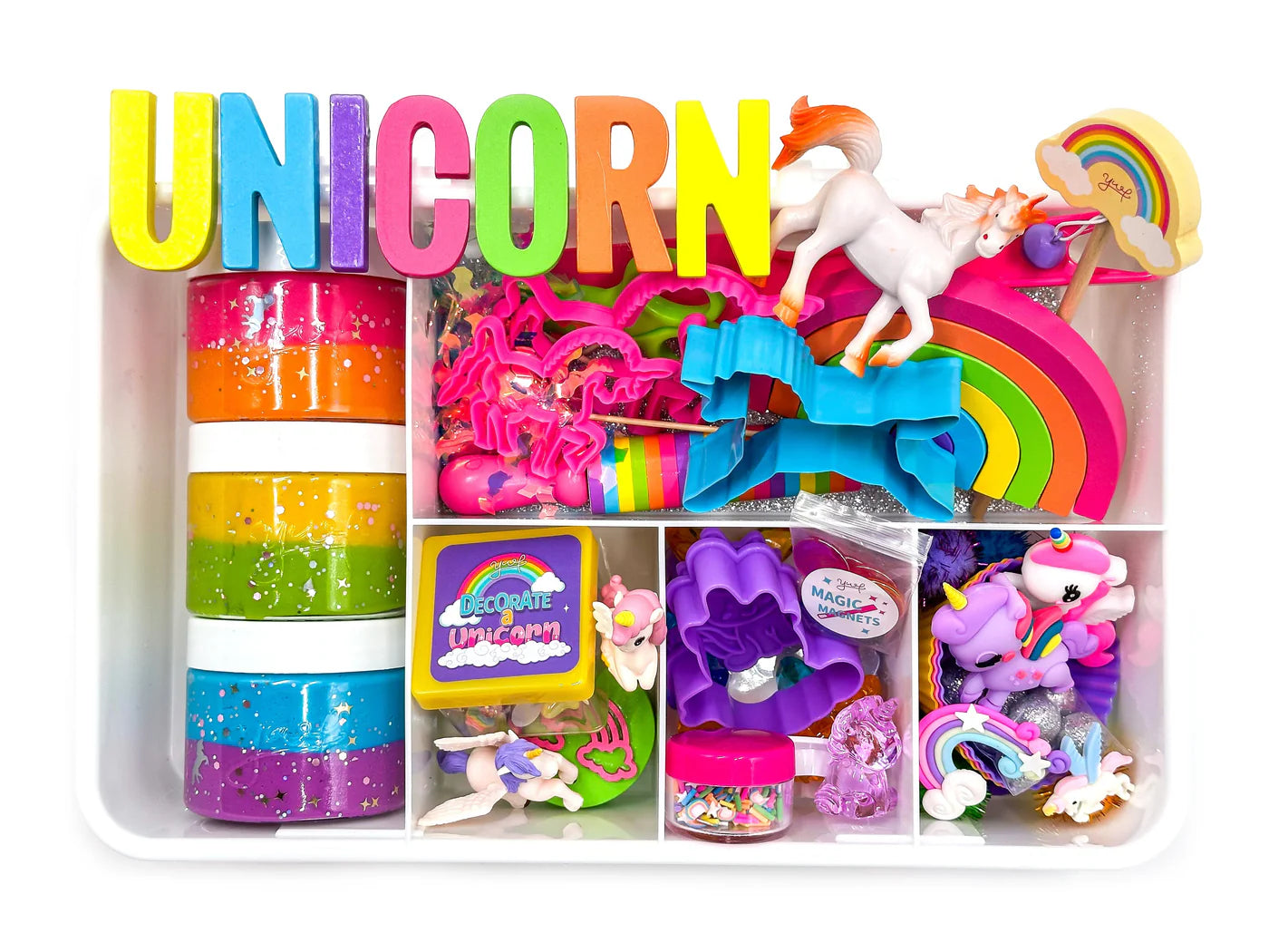 Rainbow Unicorn Sensory Dough Kit by Young, Wild & Friedman displayed on a white background—colorful, imaginative playtime fun for kids.