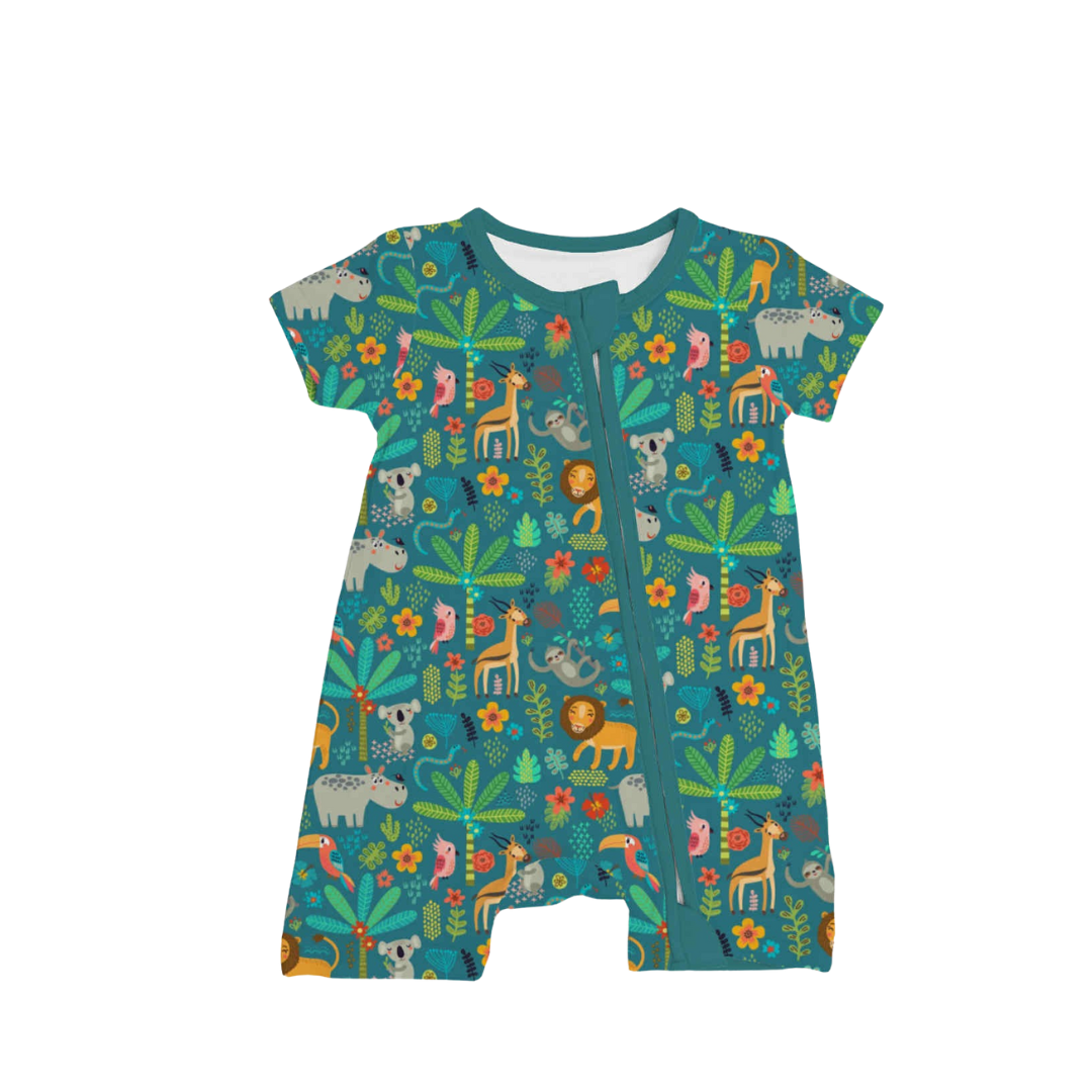 Bamboo baby and toddler zippered pajama with playful safari animal print on a teal background, featuring a two-way zipper and fold-over cuffs, shown on white.
