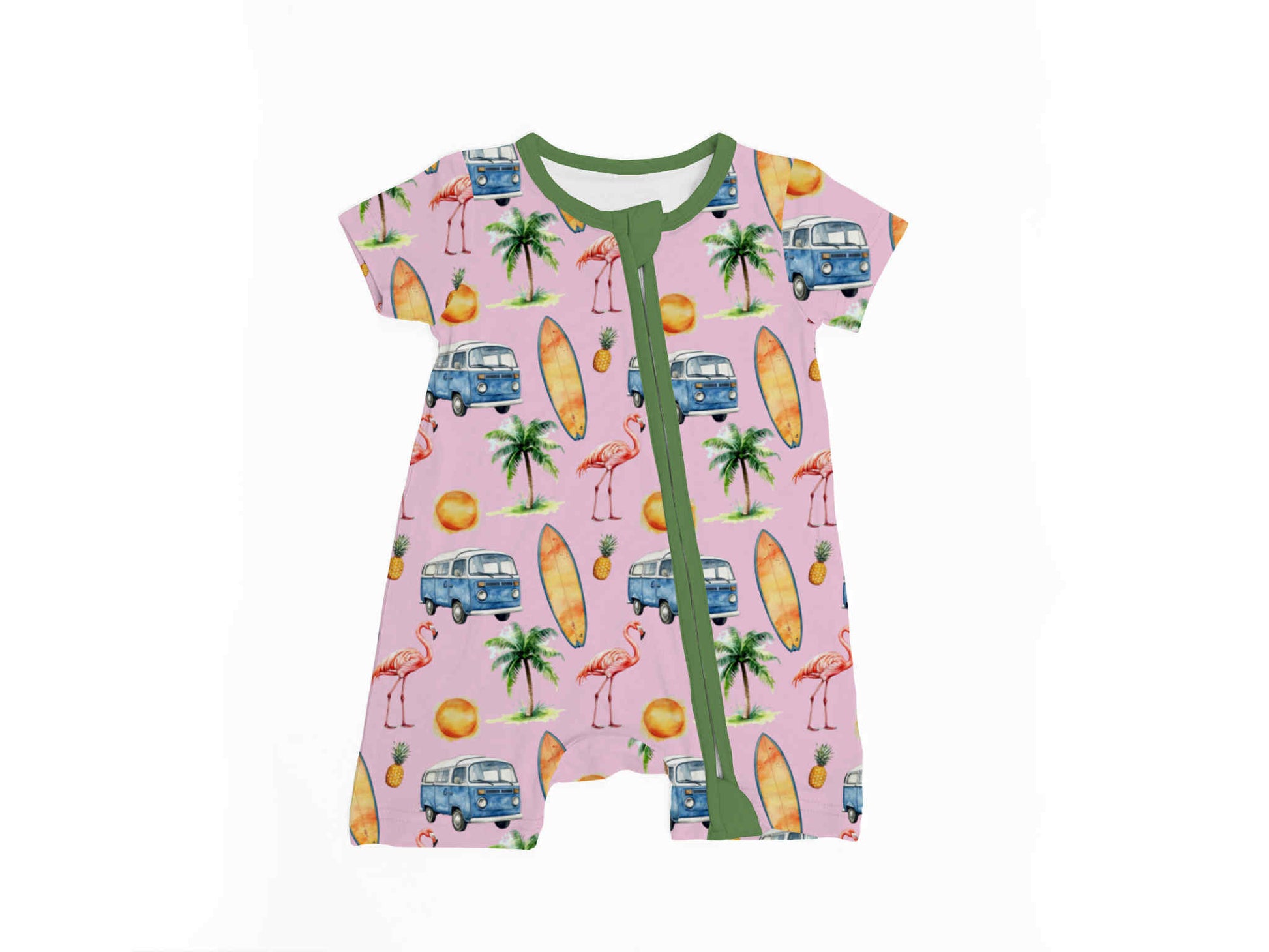 Bamboo baby romper with tropical print featuring VW vans, flamingos, surfboards, and pineapples on a pink background with green trim, laid flat on white.