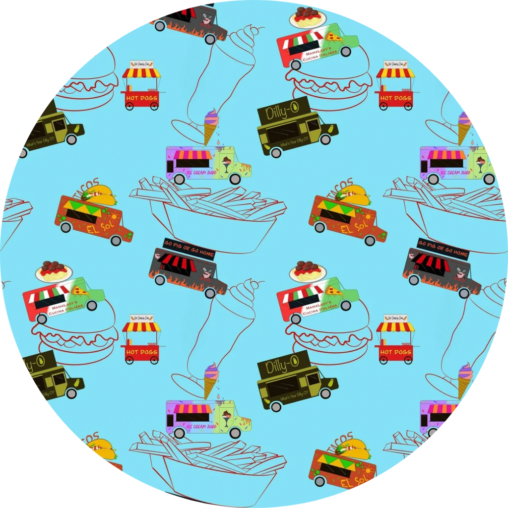 A circle with our Foodie Fun print featuring whimsical food trucks