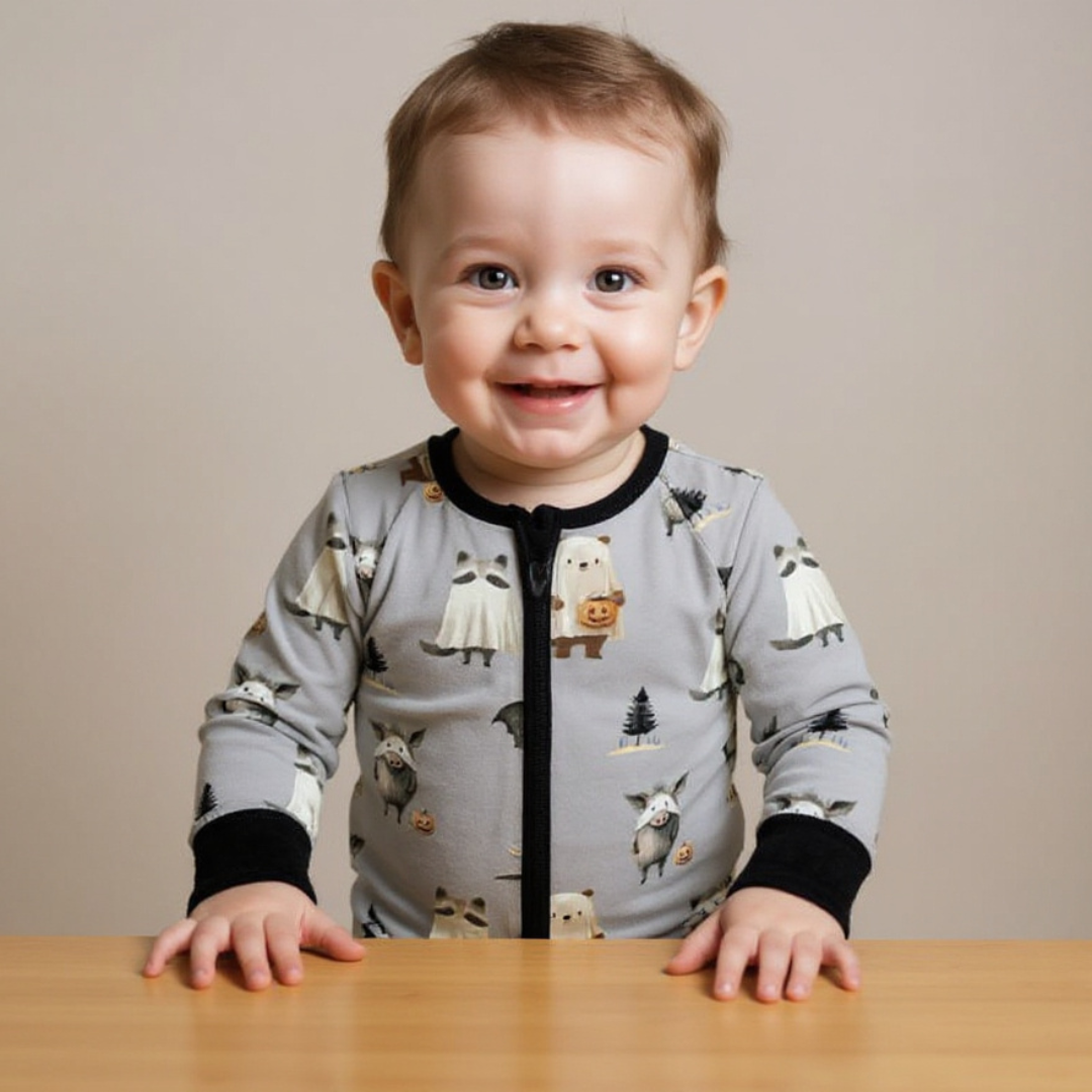 A little boy smiling and holding onto a table wearing halloween pajamas.