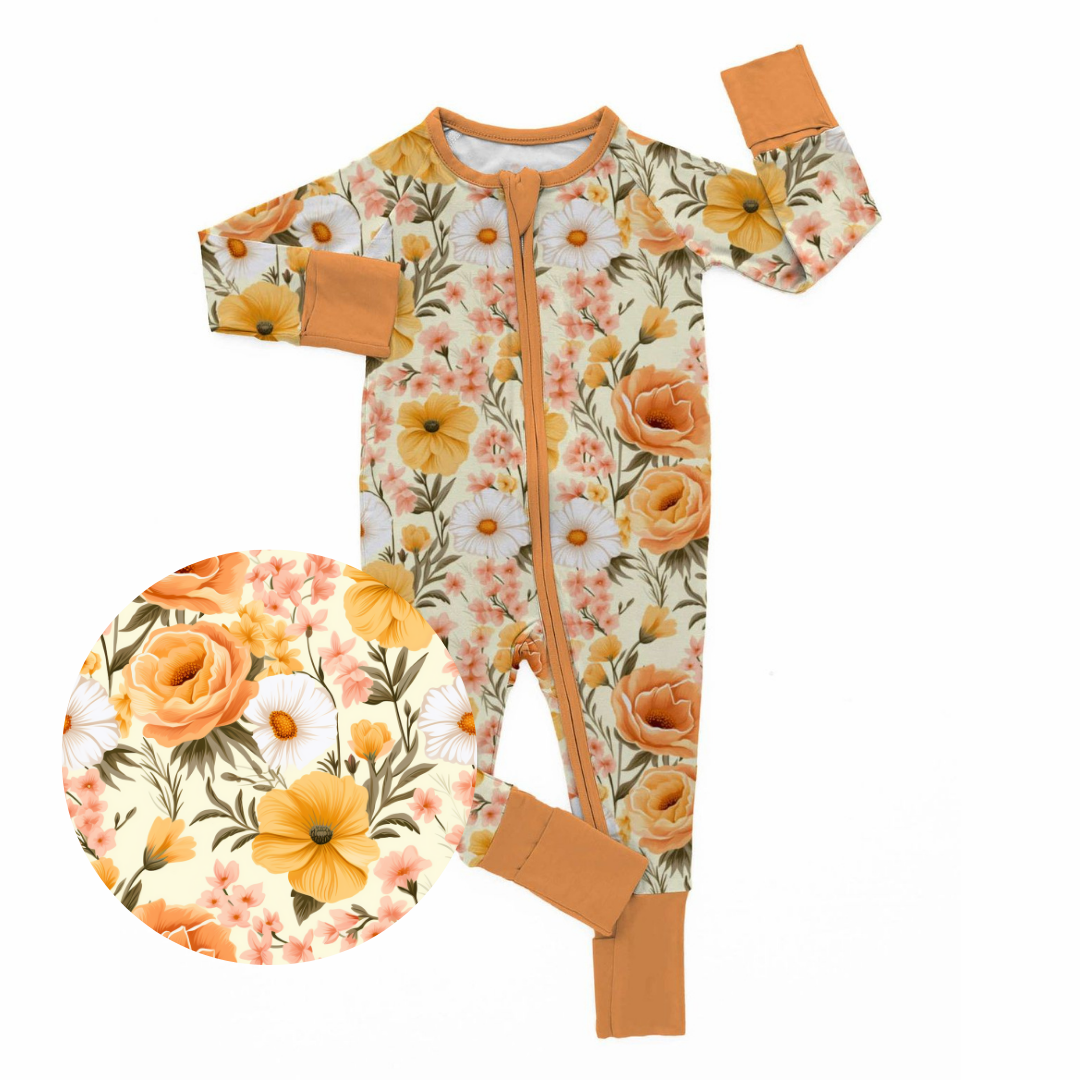 Tangerine Twirl floral bamboo zipper sleeper with warm orange flowers two way zipper fold over feet and cuffs baby sleepwear