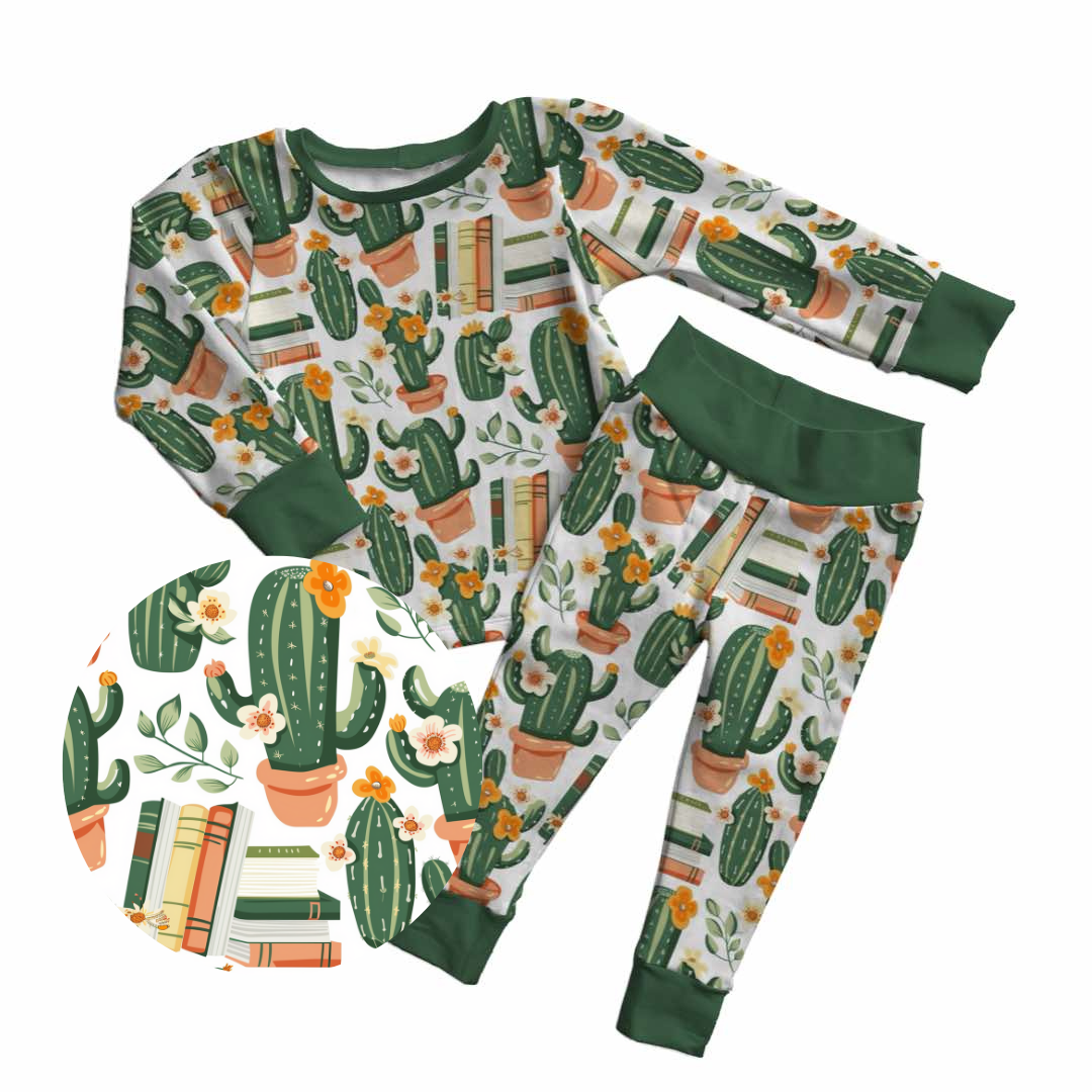 Pages and Petals bamboo two piece pajamas with books cactus plants and floral design kids sleepwear
