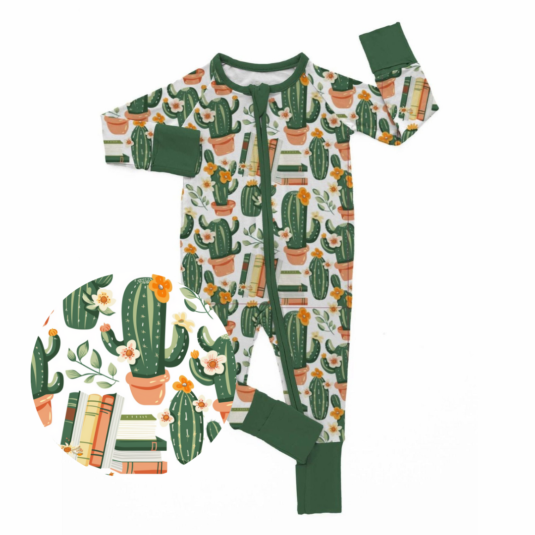 Pages and Petals bamboo zipper sleeper with books plants cactus and florals two way zipper fold over feet and cuffs baby sleepwear
