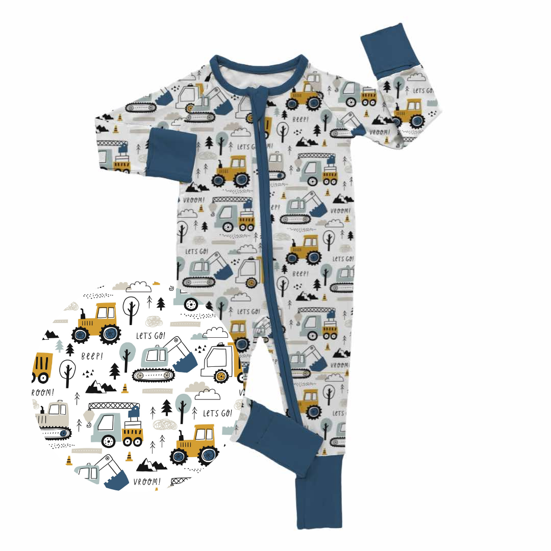 Construction Zone bamboo zipper sleeper with excavators dump trucks and cranes featuring two way zipper fold over feet and cuffs baby sleepwear