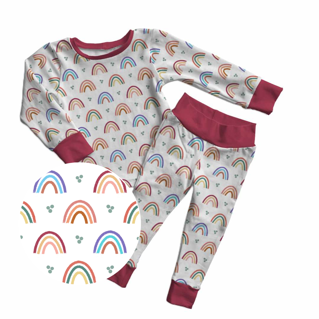 Mama's Little Rainbow bamboo two piece pajamas with soft rainbow pattern and rose trim kids sleepwear