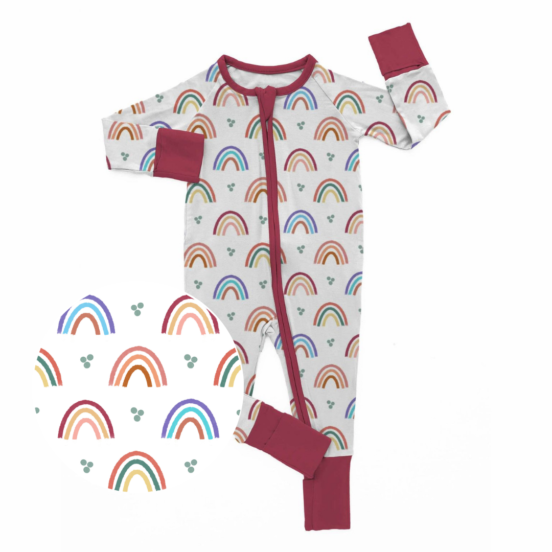 Mama's Little Rainbow bamboo zipper sleeper with soft rainbow print two way zipper fold over feet and cuffs baby sleepwear