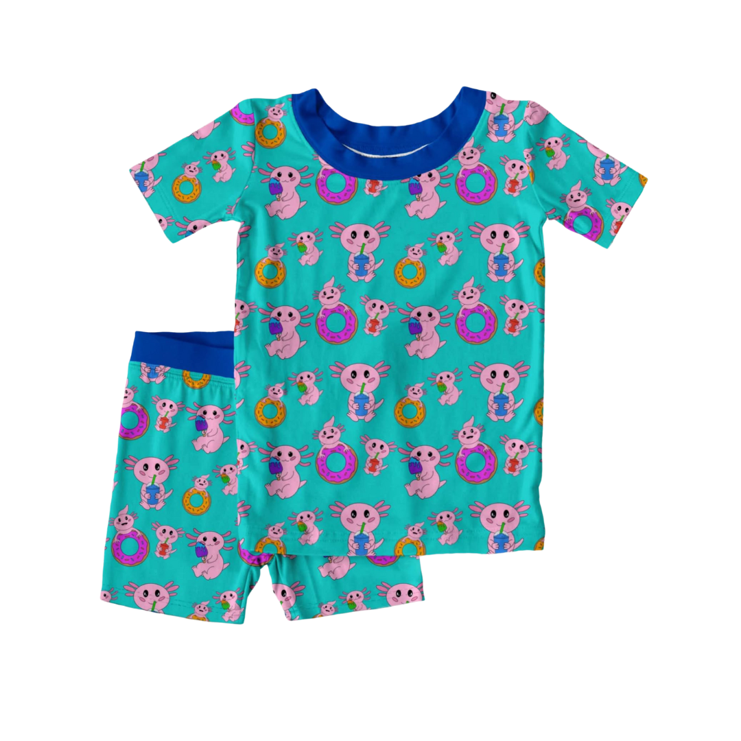 Axolotlicious bamboo two piece pajamas with cute axolotls eating sweet treats kids sleepwear