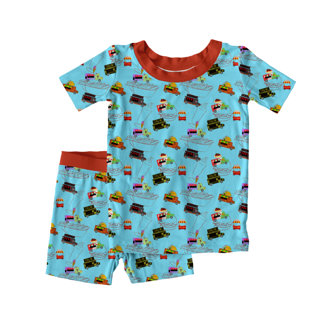 Foodie Fun bamboo two piece pajamas with food trucks burgers desserts and snack themed design