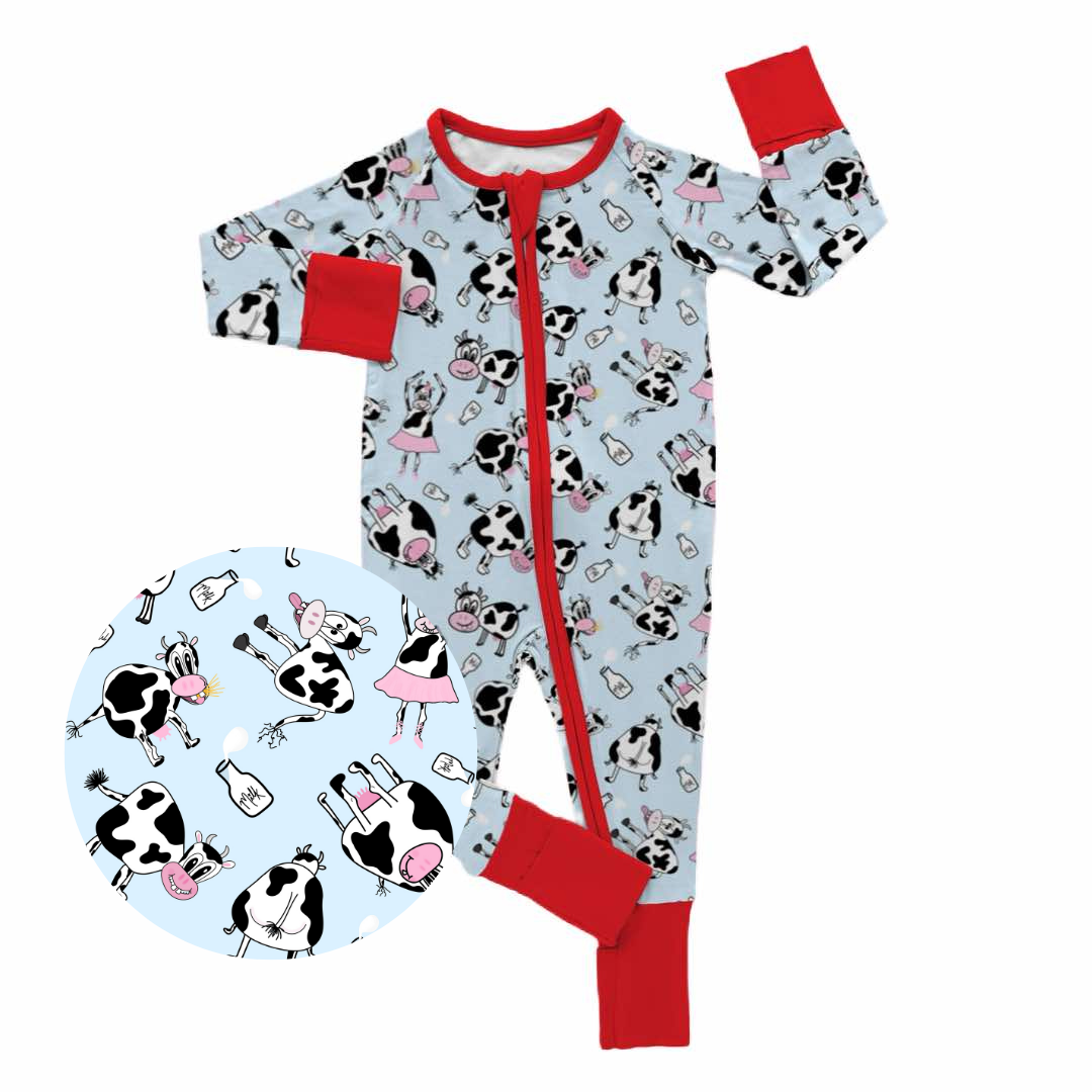 Udderly Adorable cow bamboo zipper sleeper with playful farm cows red trim two way zipper fold over feet and cuffs baby sleepwear