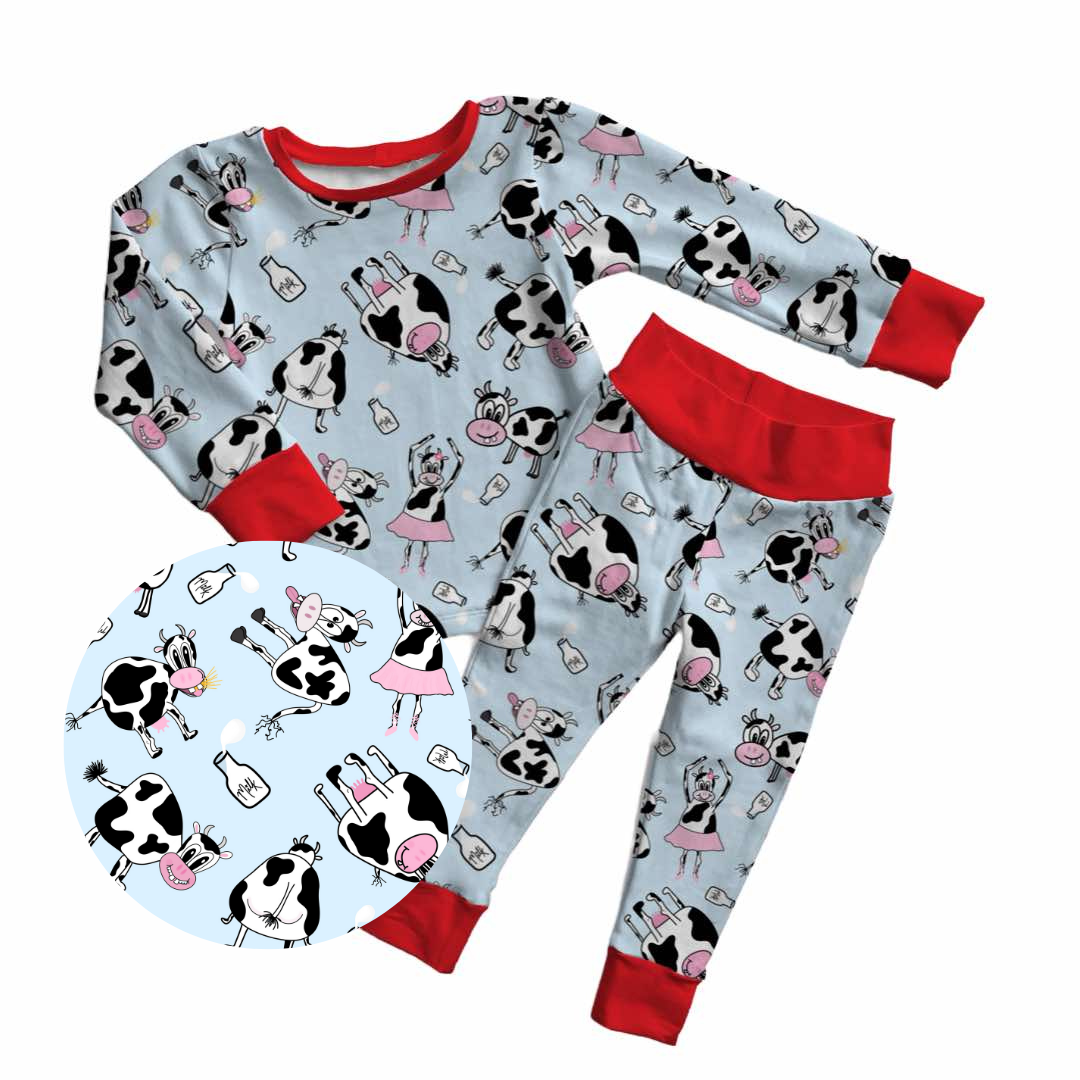 Udderly Adorable cow bamboo two piece pajamas with playful farm animals and red trim kids sleepwear
