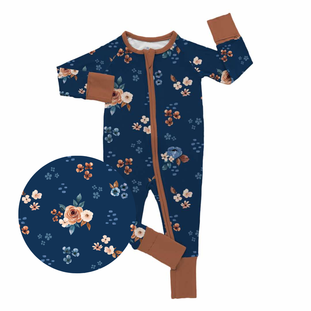 Midnight Blossoms floral bamboo zipper sleeper with navy background flowers two way zipper fold over feet and cuffs