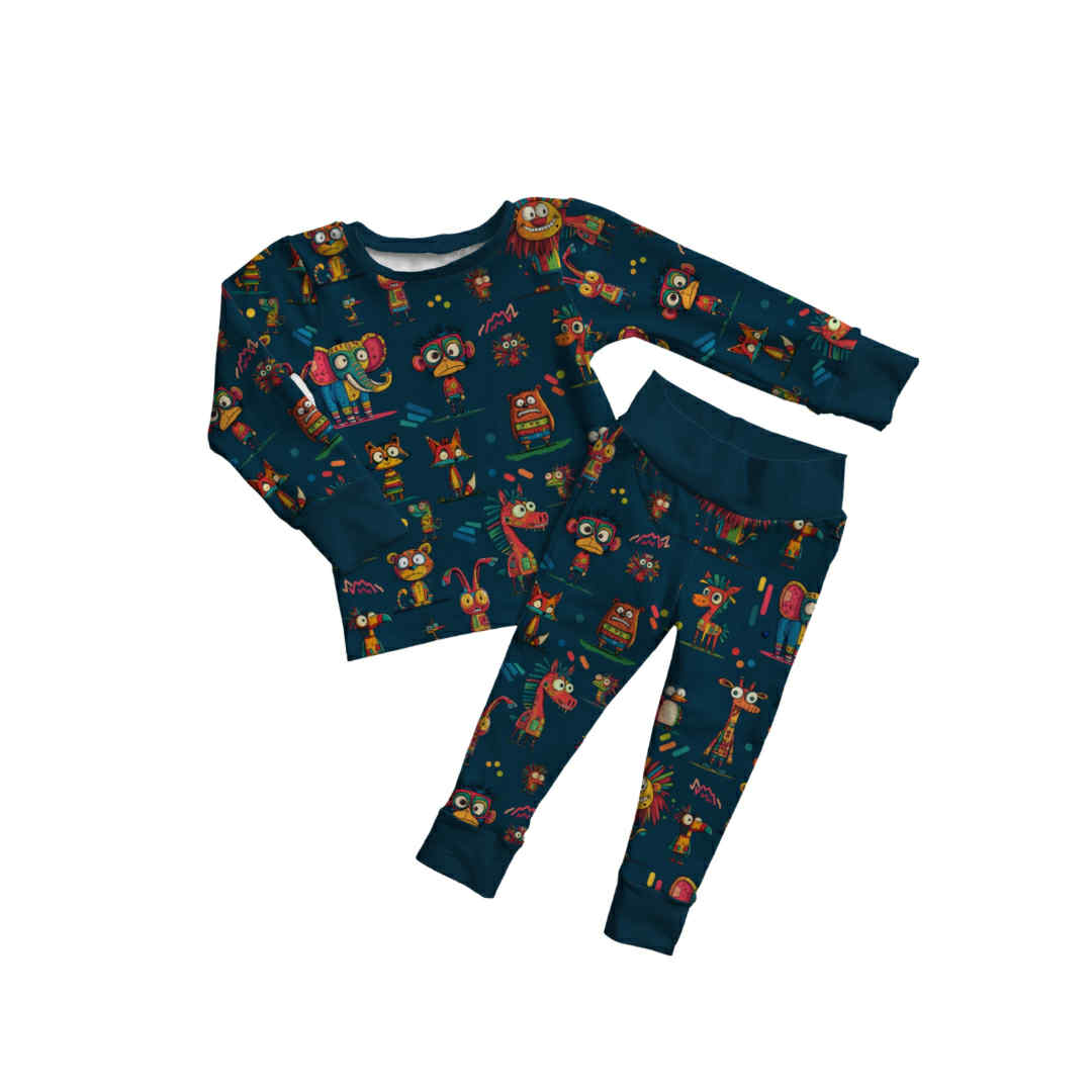 Goofy Zoo Crew animal bamboo two piece pajamas with colorful silly zoo animals on teal background