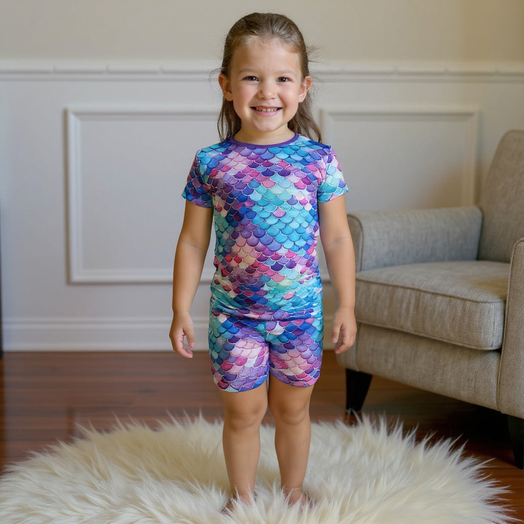 Young girl wearing a mermaid scaled bamboo pajamas standing on a fluffy rug