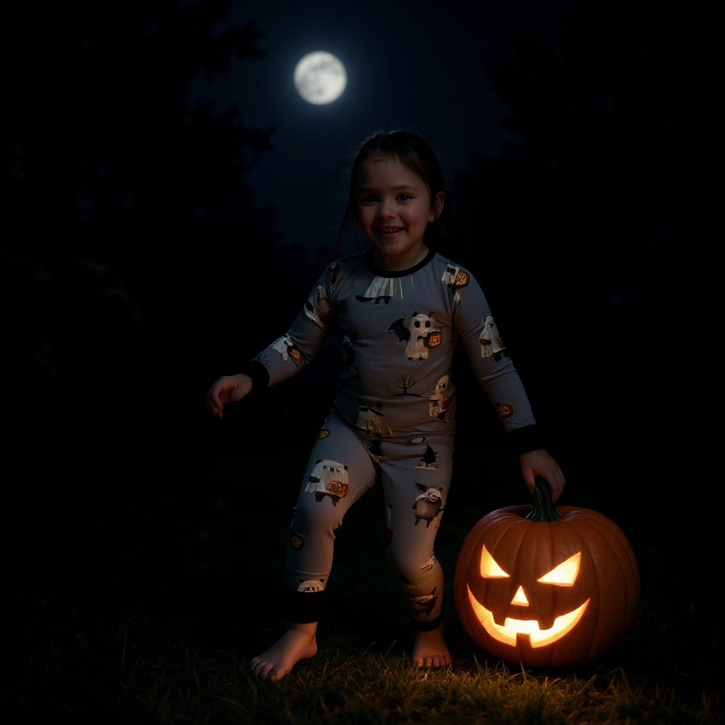 Ghostly Giggles 2-Piece Long Sleeve Bamboo Pajamas for Kids – Halloween Print