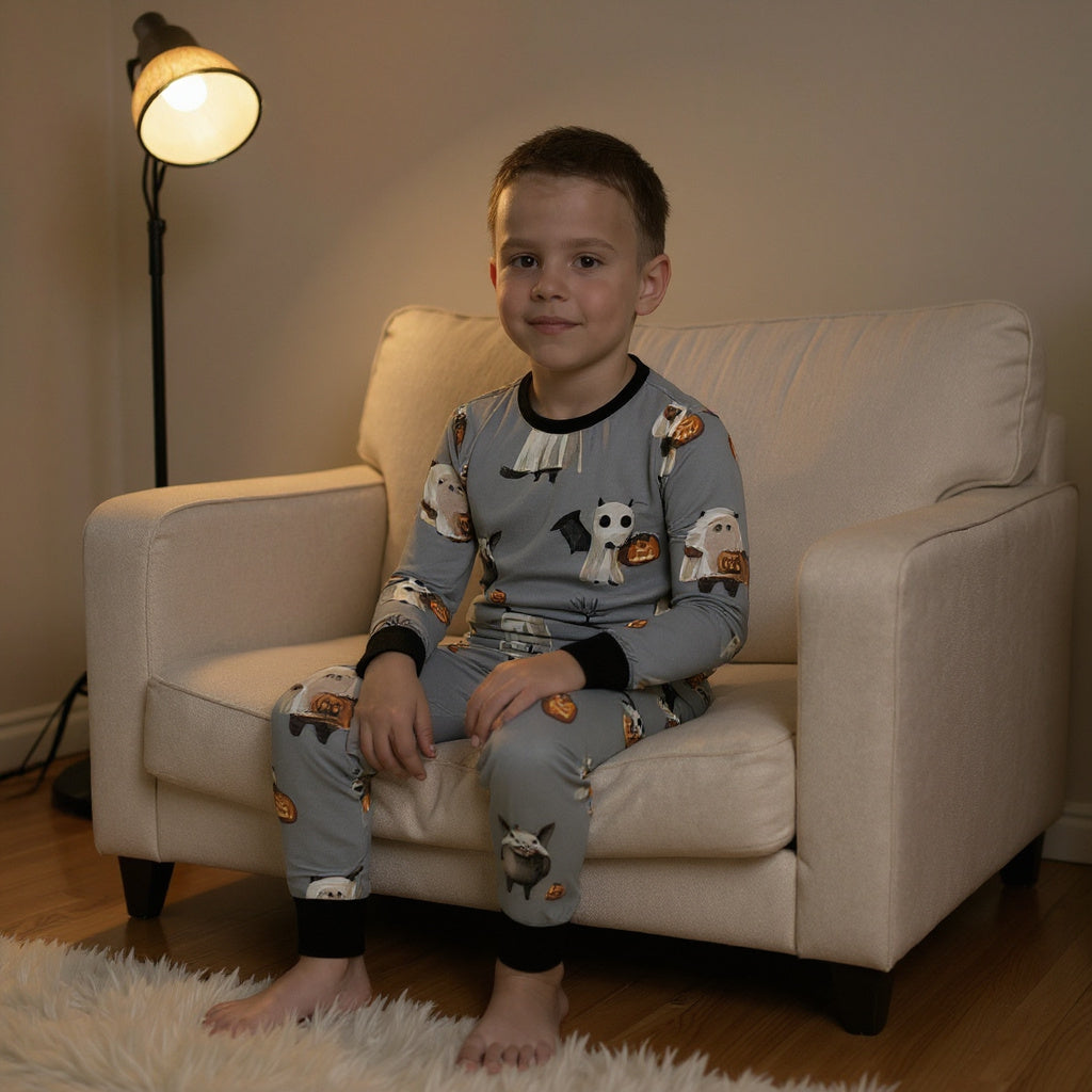Ghostly Giggles 2-Piece Long Sleeve Bamboo Pajamas for Kids – Halloween Print